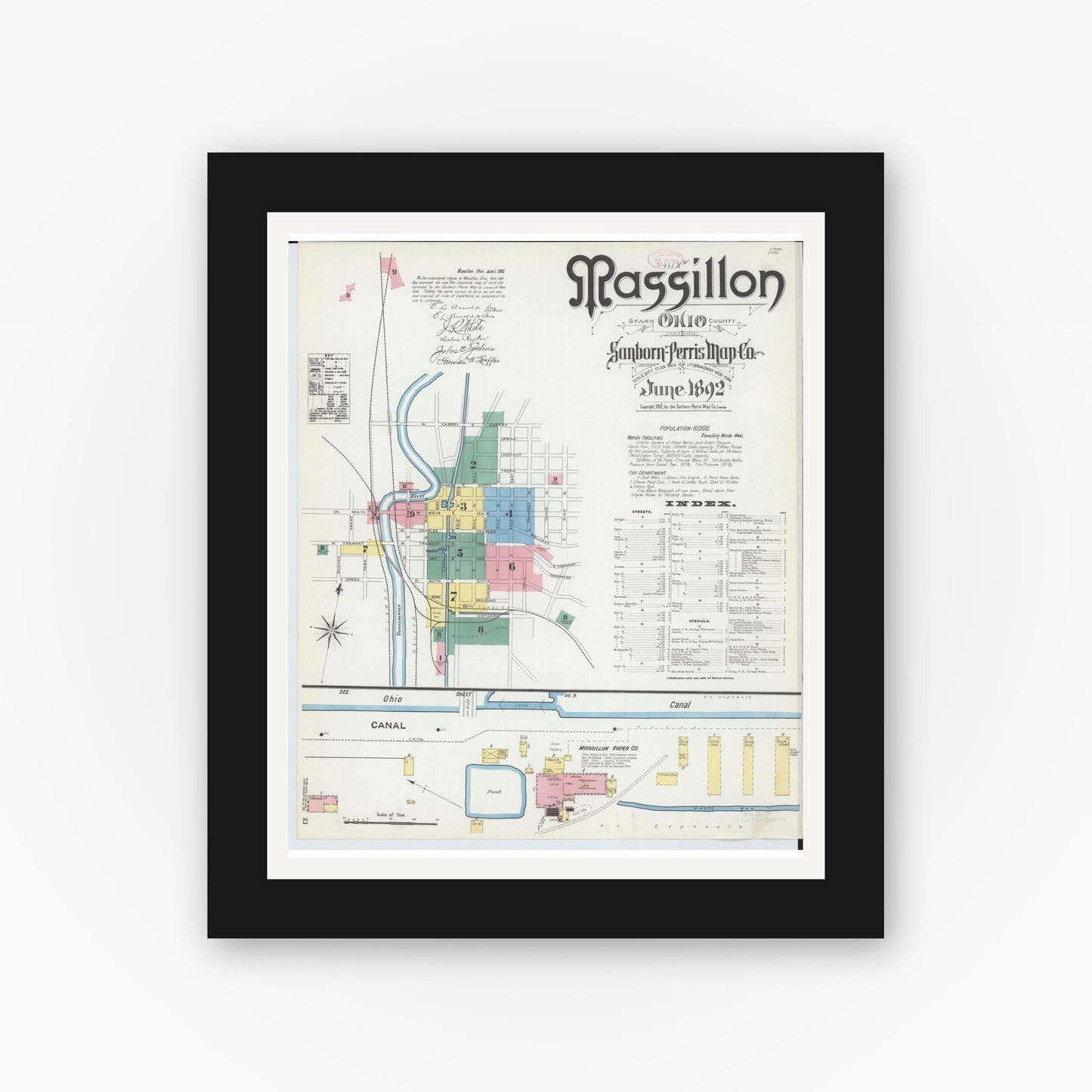 Old map wall art mockup — black gallery frame with white mat — Sanborn Fire Insurance Map from Massillon, Stark County, Ohio (1892), Sheet #0001
