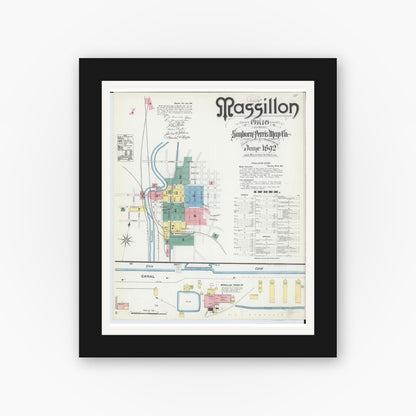 Old map wall art mockup — black gallery frame with white mat — Sanborn Fire Insurance Map from Massillon, Stark County, Ohio (1892), Sheet #0001