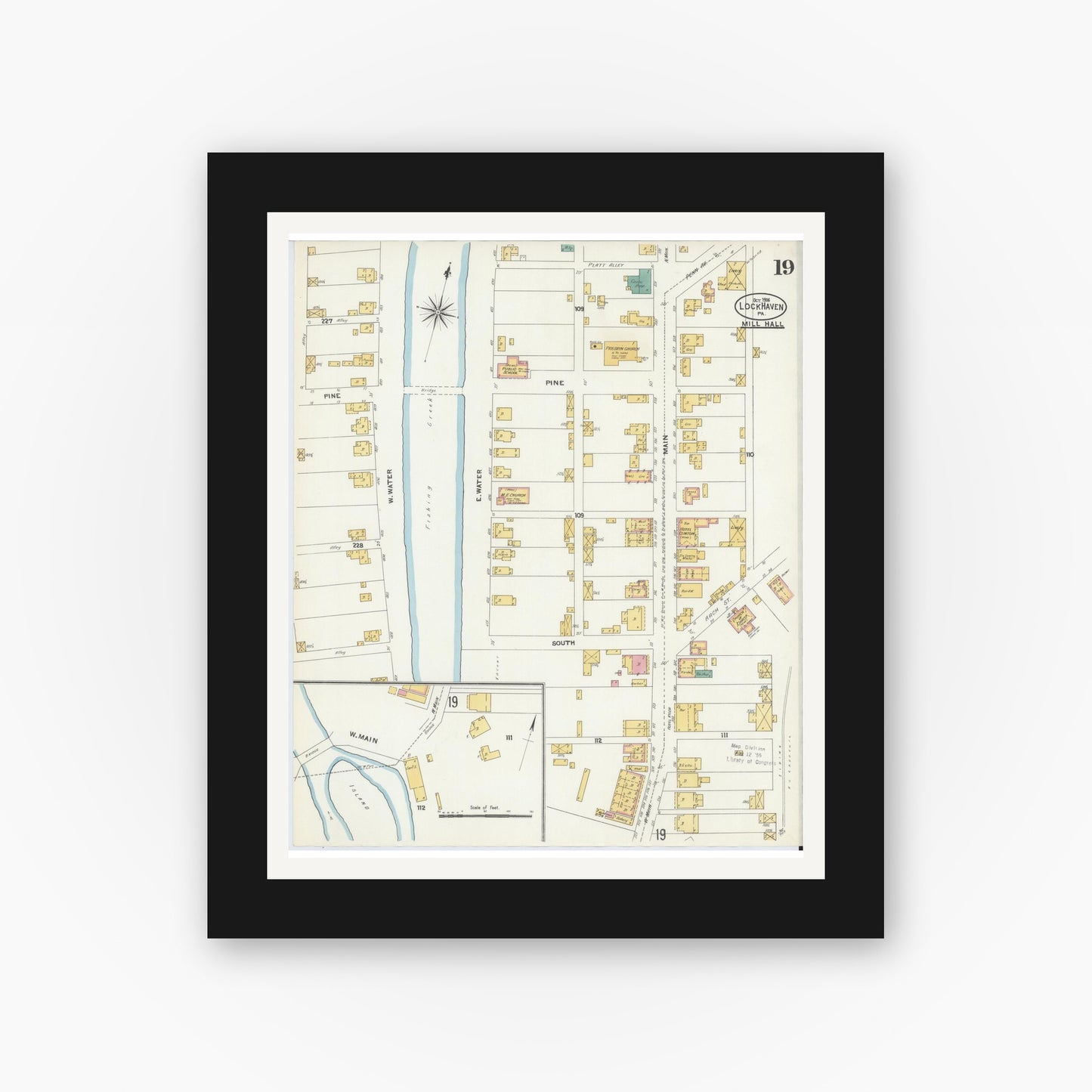 Old map wall art mockup — black gallery frame with white mat — Sanborn Fire Insurance Map from Lock Haven, Clinton County, Pennsylvania (1906), Sheet #0019