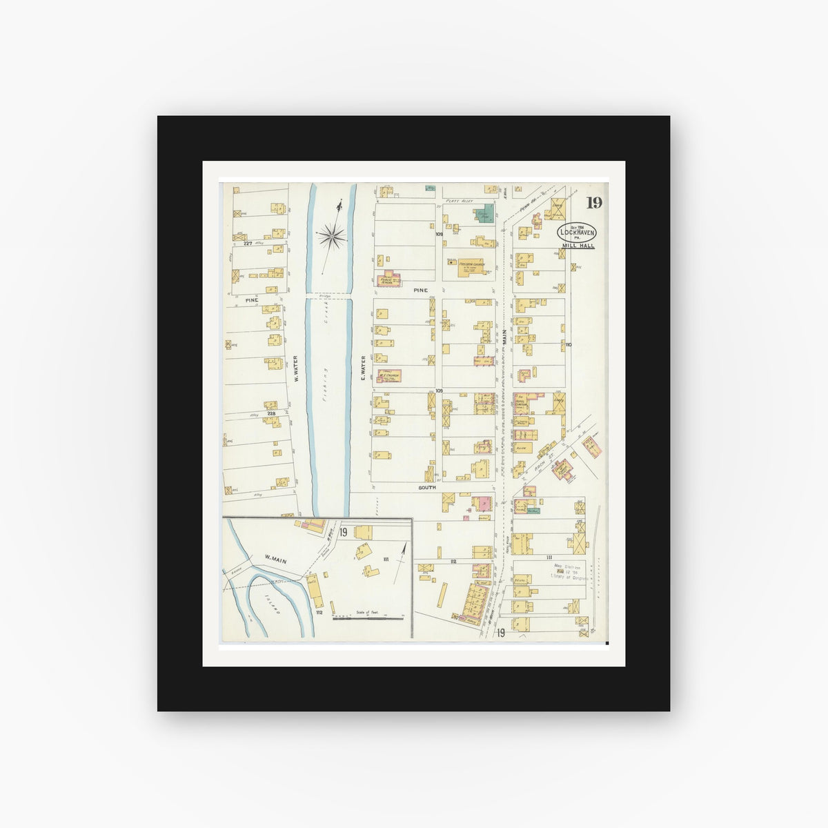 Old map wall art mockup — black gallery frame with white mat — Sanborn Fire Insurance Map from Lock Haven, Clinton County, Pennsylvania (1906), Sheet #0019