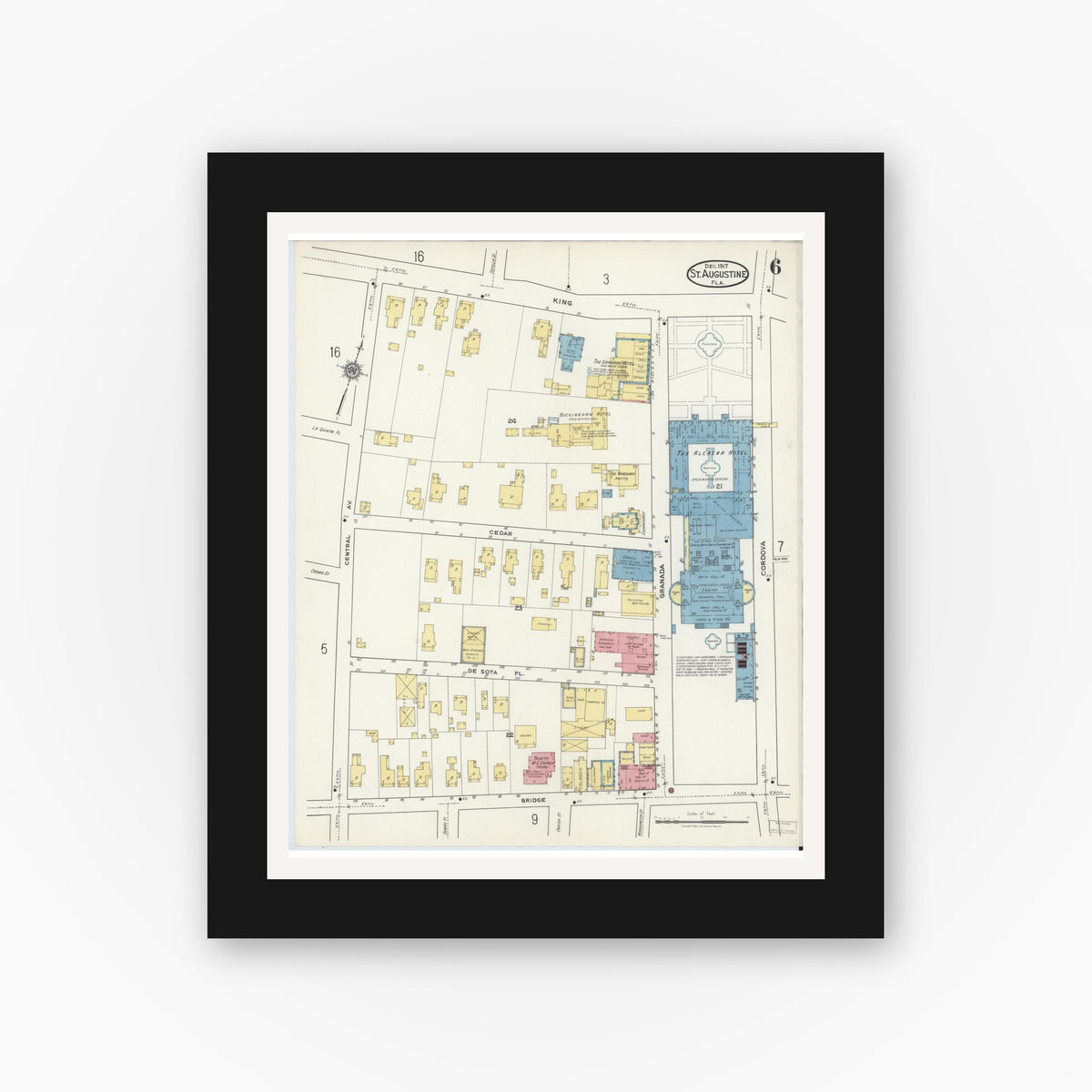 Old map wall art mockup — black gallery frame with white mat — Sanborn Fire Insurance Map from Saint Augustine, Saint John's County, Florida (1917), Sheet #0006
