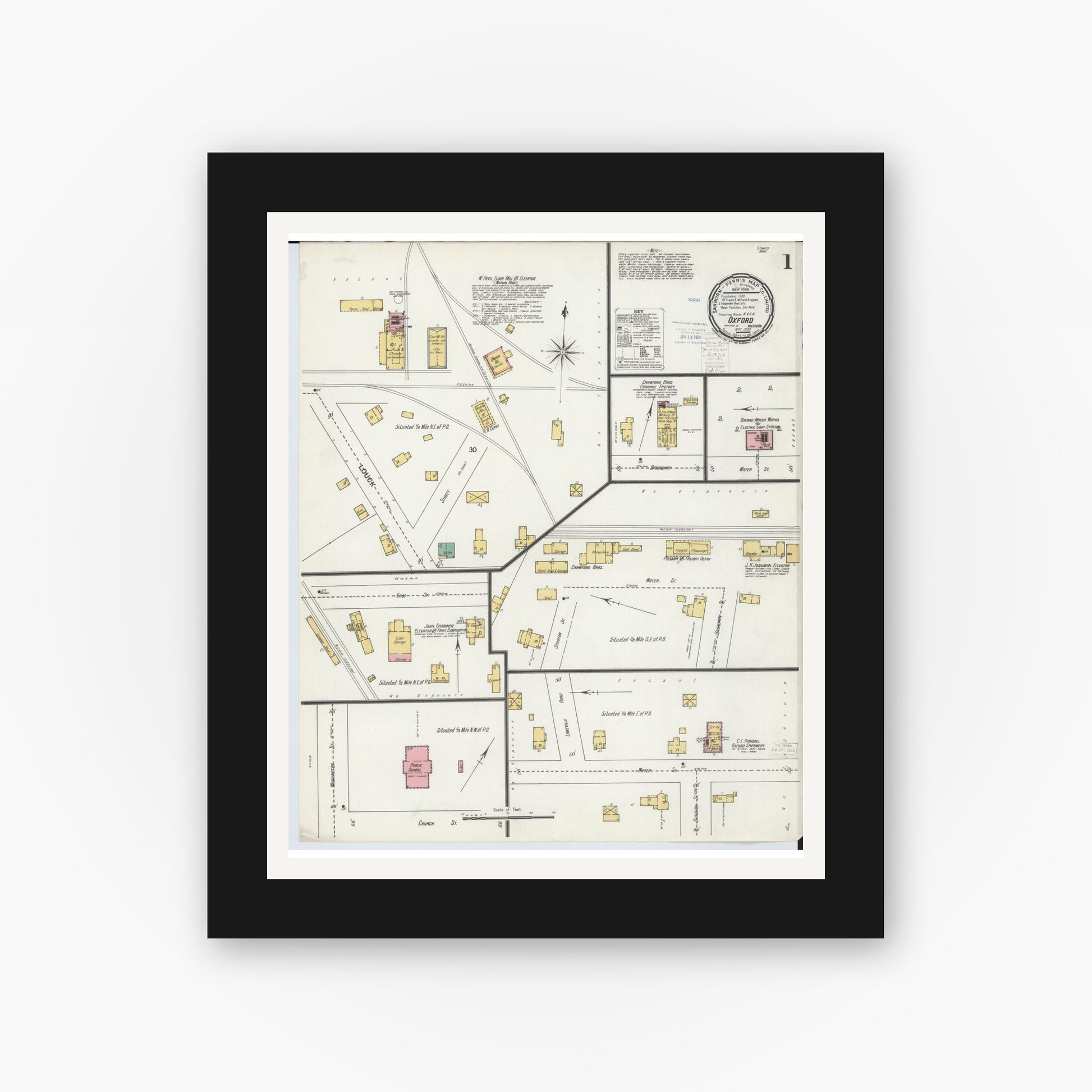 Old map wall art mockup — black gallery frame with white mat — Sanborn Fire Insurance Map from Oxford, Oakland County, Michigan (1900) - Complete Map Set