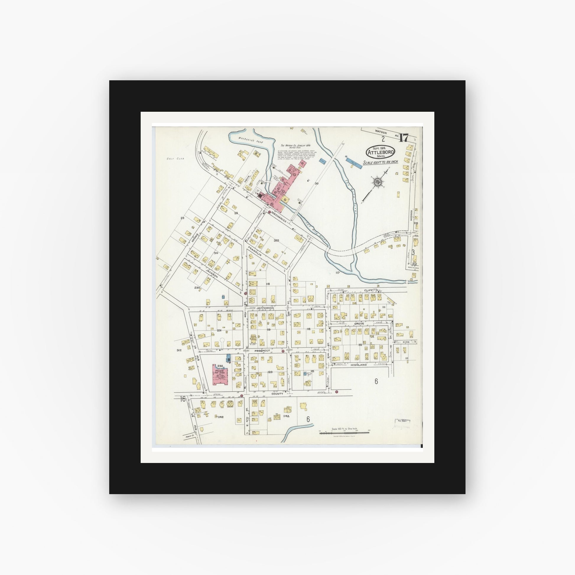Old map wall art mockup — black gallery frame with white mat — Sanborn Fire Insurance Map from Attleboro, Bristol County, Massachusetts (1916), Sheet #0017