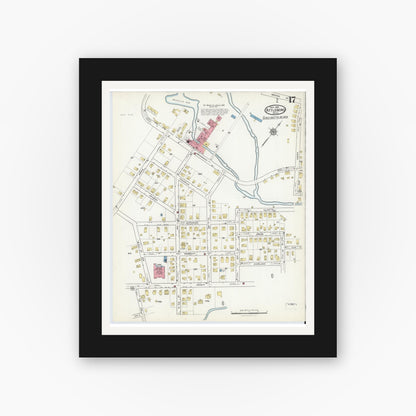 Old map wall art mockup — black gallery frame with white mat — Sanborn Fire Insurance Map from Attleboro, Bristol County, Massachusetts (1916), Sheet #0017