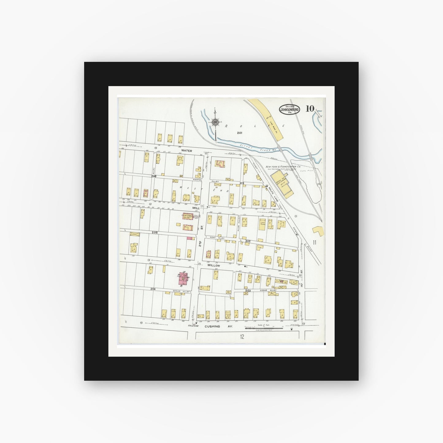Old map wall art mockup — black gallery frame with white mat — Sanborn Fire Insurance Map from Johnsonburg, Elk County, Pennsylvania (1919), Sheet #0010