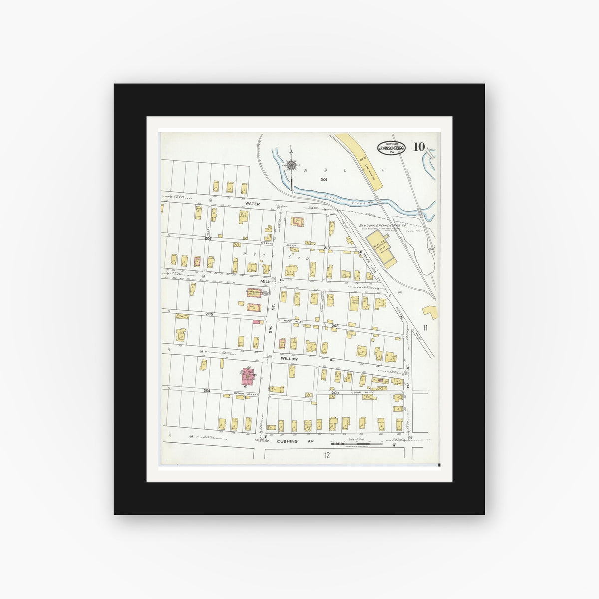 Old map wall art mockup — black gallery frame with white mat — Sanborn Fire Insurance Map from Johnsonburg, Elk County, Pennsylvania (1919), Sheet #0010