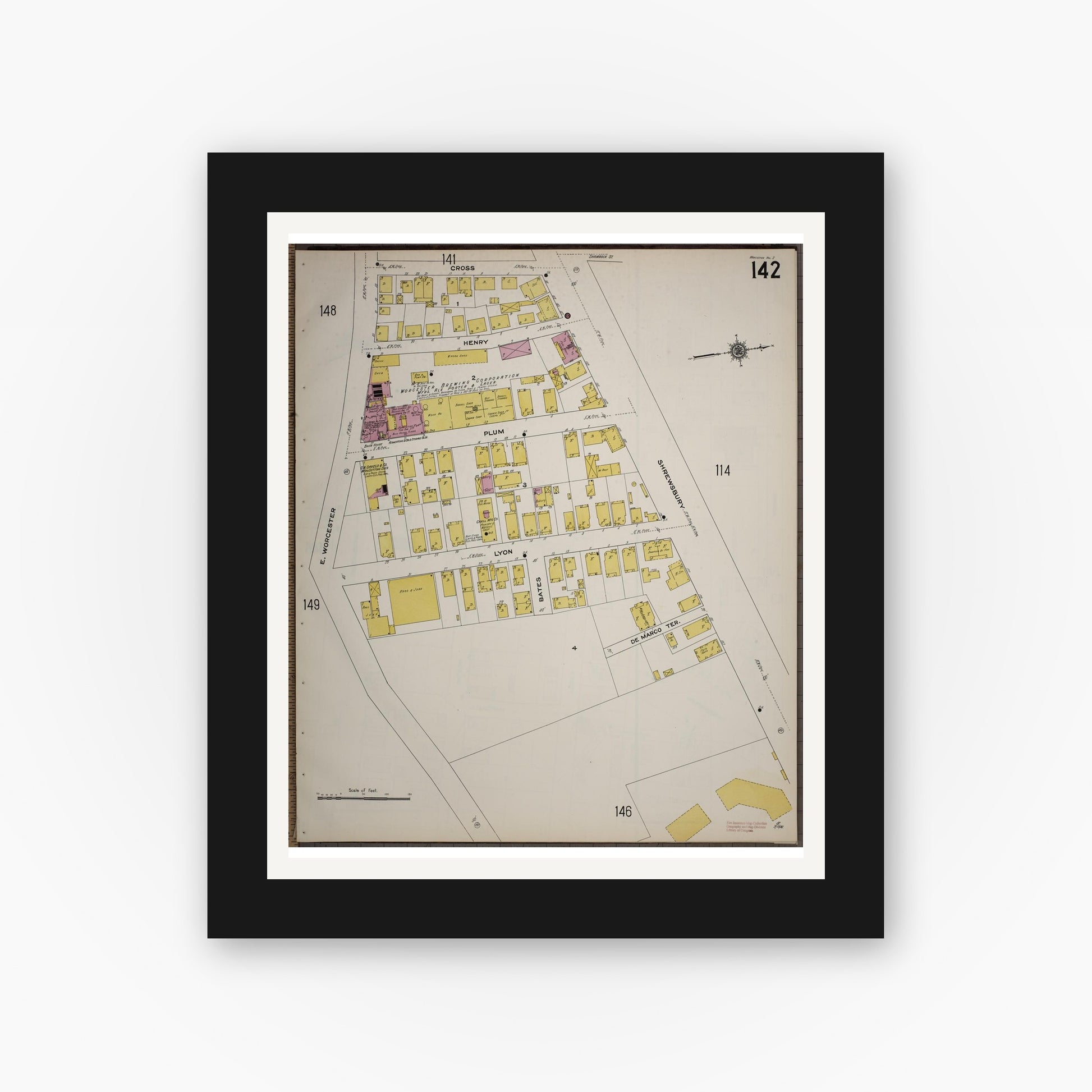 Old map wall art mockup — black gallery frame with white mat — Sanborn Fire Insurance Map from Worcester, Worcester County, Massachusetts (1910), Sheet #0142
