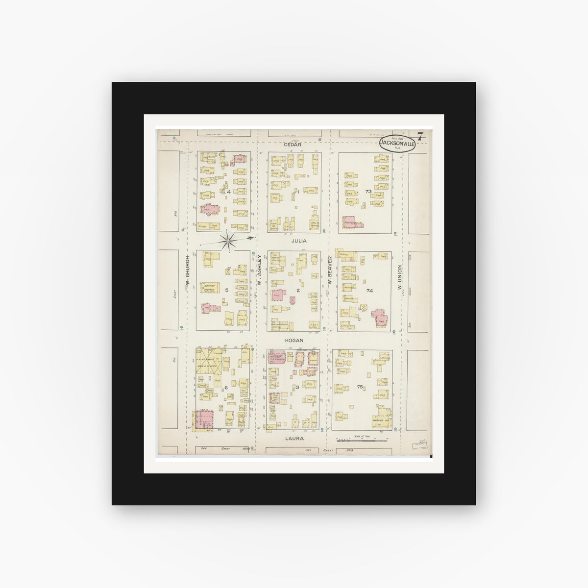 Old map wall art mockup — black gallery frame with white mat — Sanborn Fire Insurance Map from Jacksonville, Duval County, Florida (1887), Sheet #0007