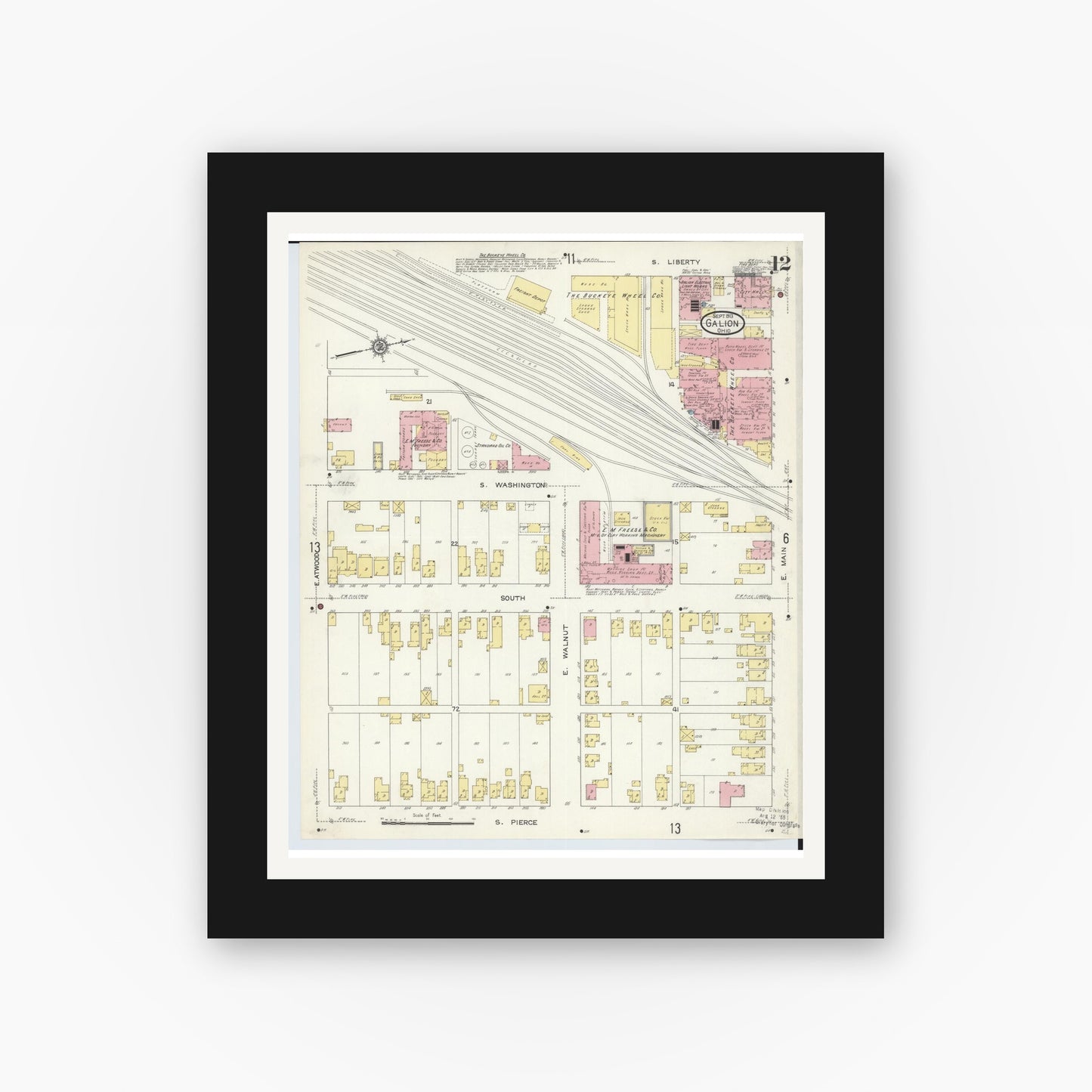 Old map wall art mockup — black gallery frame with white mat — Sanborn Fire Insurance Map from Galion, Crawford County, Ohio (1913), Sheet #0012