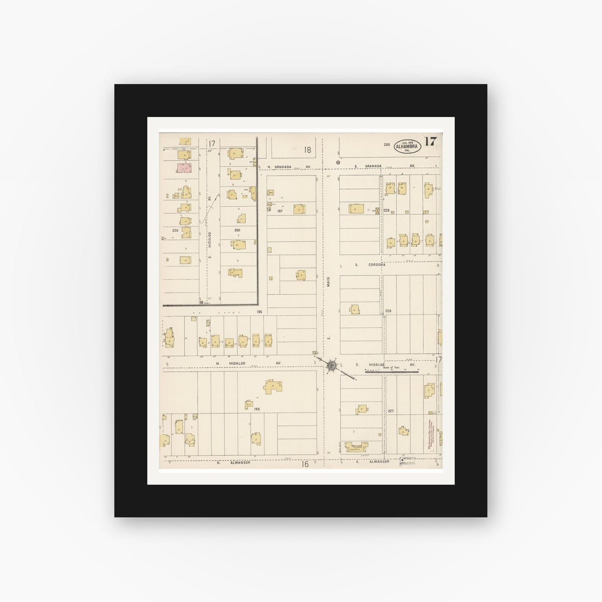 Old map wall art mockup — black gallery frame with white mat — Sanborn Fire Insurance Map from Alhambra, Los Angeles County, California (1912), Sheet #0017
