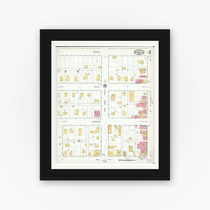 Old map wall art mockup — black gallery frame with white mat — Sanborn Fire Insurance Map from Winnebago, Faribault County, Minnesota (1917), Sheet #0002