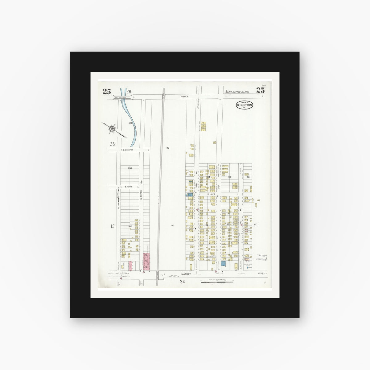 Old map wall art mockup — black gallery frame with white mat — Sanborn Fire Insurance Map from Kingston, Luzerne County, Pennsylvania (1925), Sheet #0025