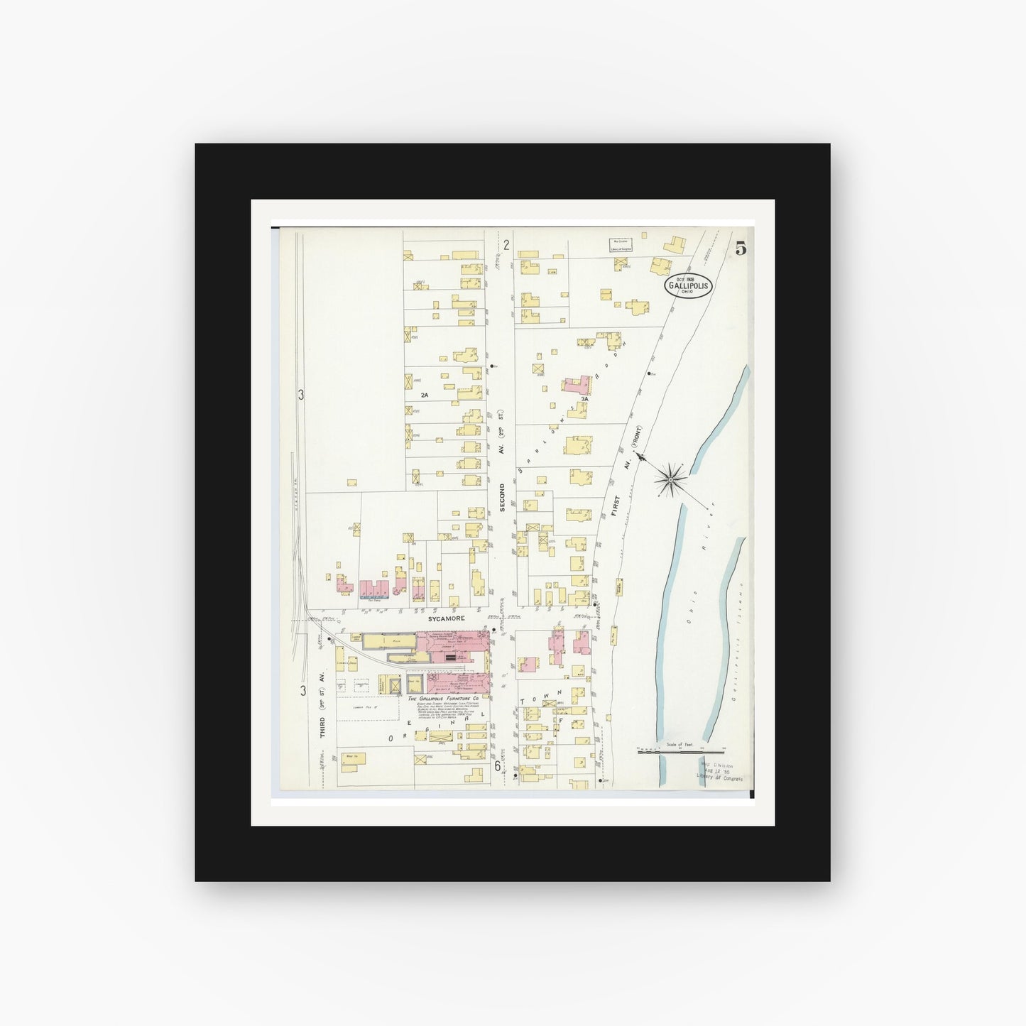 Old map wall art mockup — black gallery frame with white mat — Sanborn Fire Insurance Map from Gallipolis, Gallia County, Ohio (1908), Sheet #0005