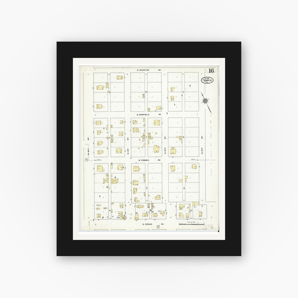 Old map wall art mockup — black gallery frame with white mat — Sanborn Fire Insurance Map from Temple, Bell County, Texas (1910), Sheet #0016