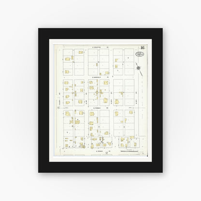 Old map wall art mockup — black gallery frame with white mat — Sanborn Fire Insurance Map from Temple, Bell County, Texas (1910), Sheet #0016