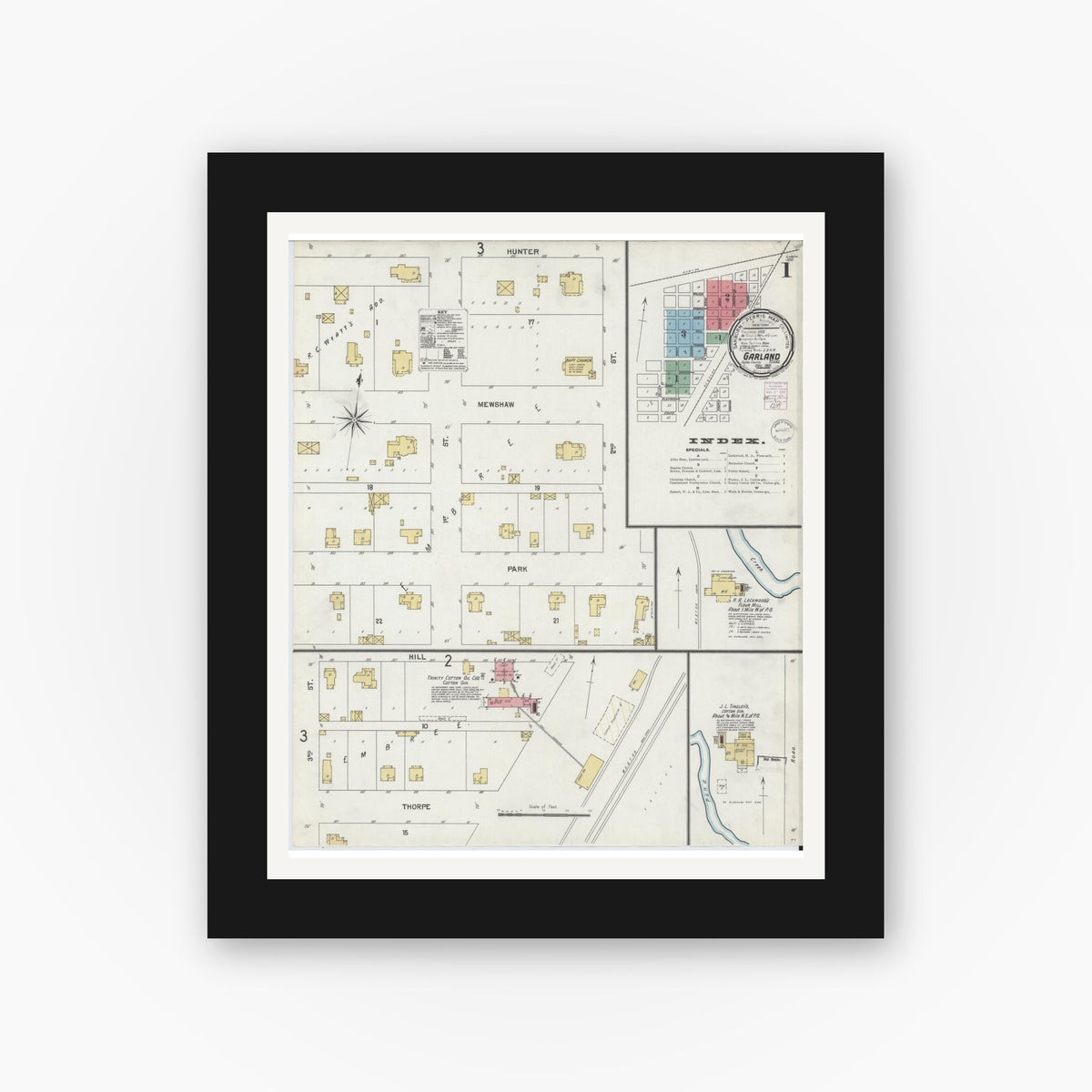 Old map wall art mockup — black gallery frame with white mat — Sanborn Fire Insurance Map from Garland, Dallas County, Texas (1901) - Complete Map Set
