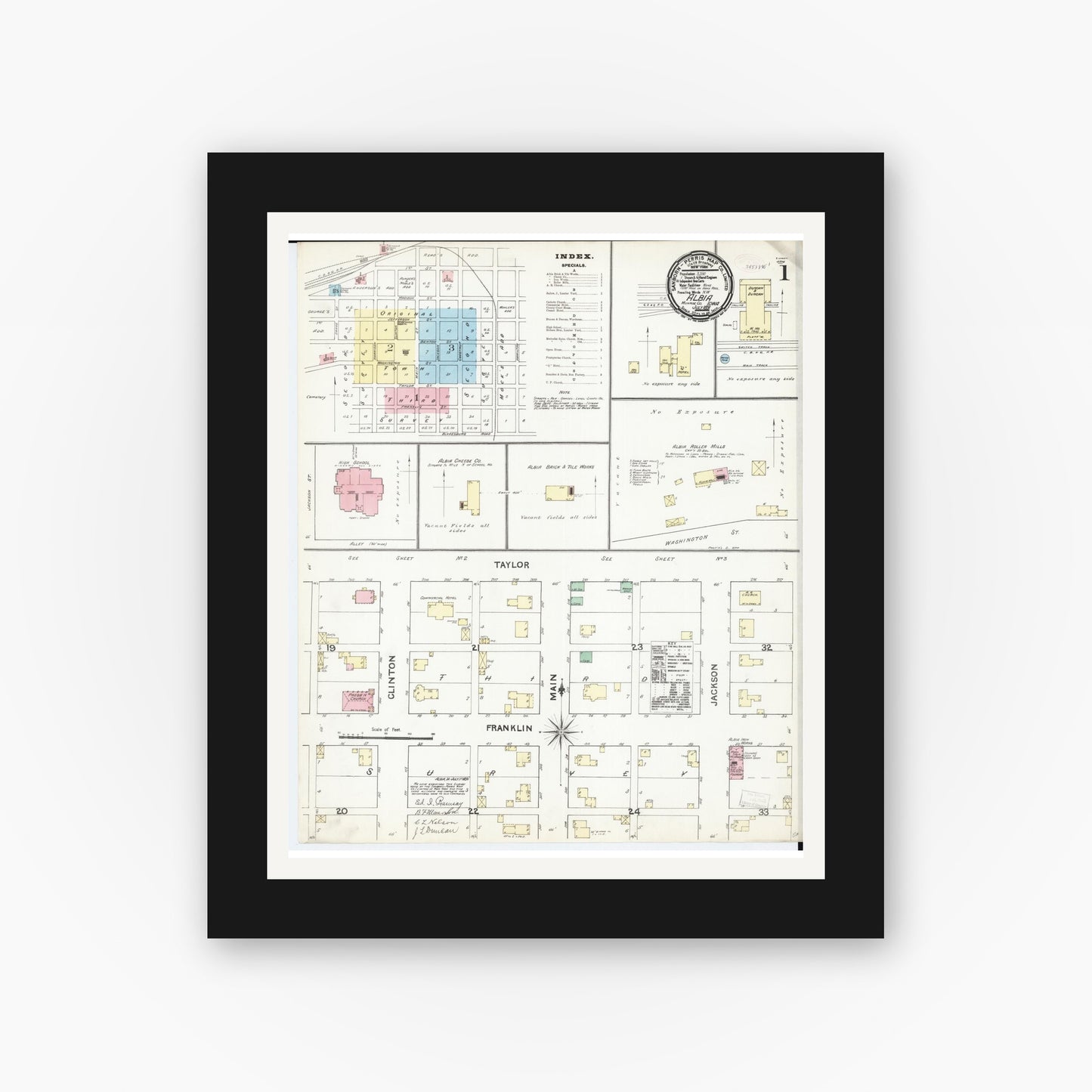 Old map wall art mockup — black gallery frame with white mat — Sanborn Fire Insurance Map from Albia, Monroe County, Iowa (1891) â€” Complete Set