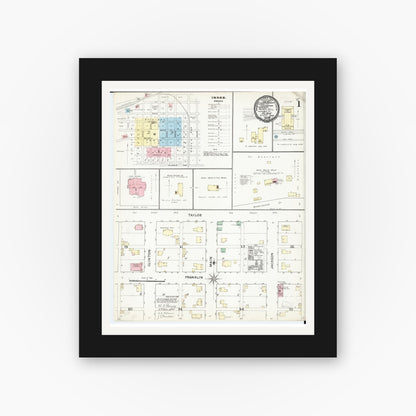 Old map wall art mockup — black gallery frame with white mat — Sanborn Fire Insurance Map from Albia, Monroe County, Iowa (1891) â€” Complete Set