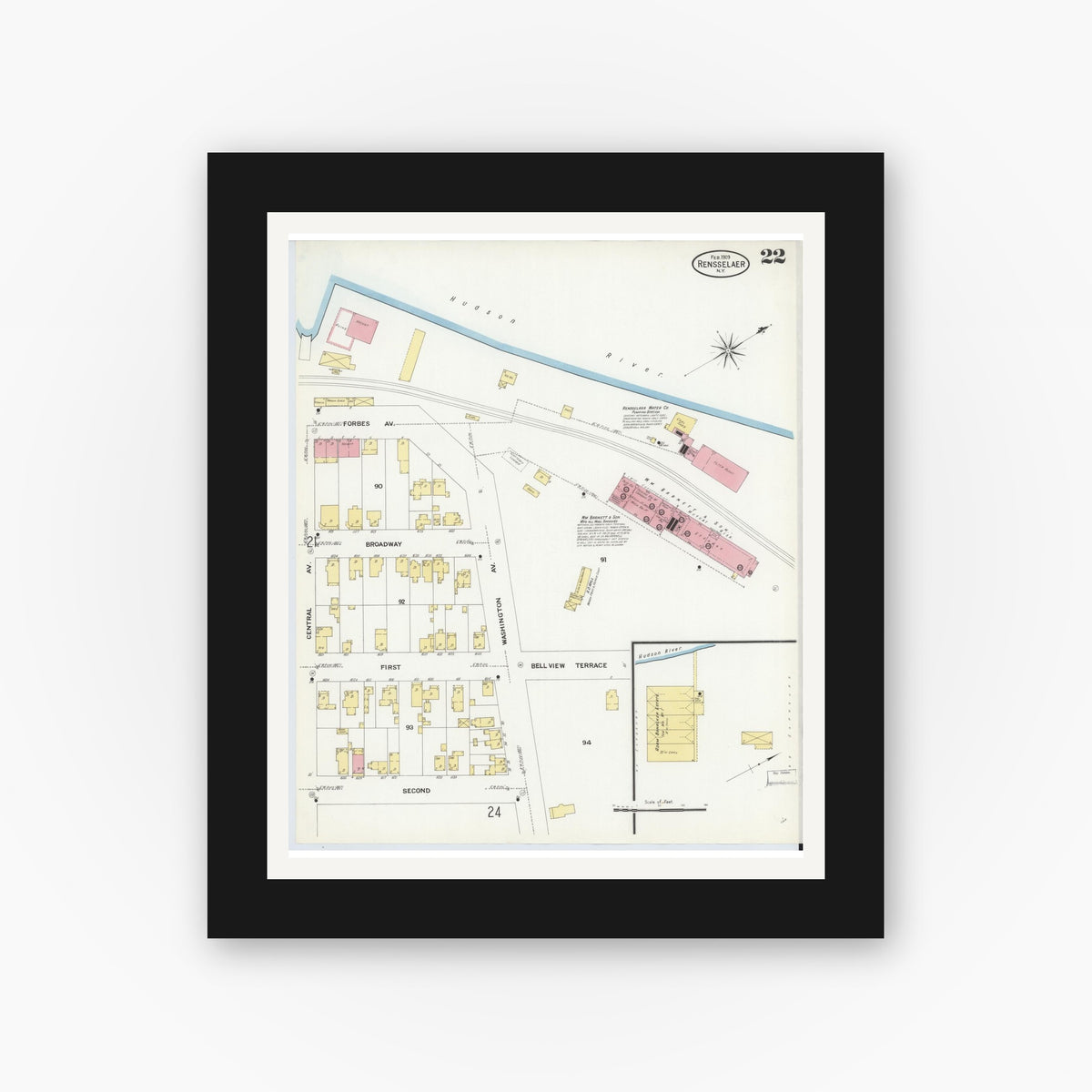 Old map wall art mockup — black gallery frame with white mat — Sanborn Fire Insurance Map from Rensselaer, Rensselaer County, New York (1909), Sheet #0022