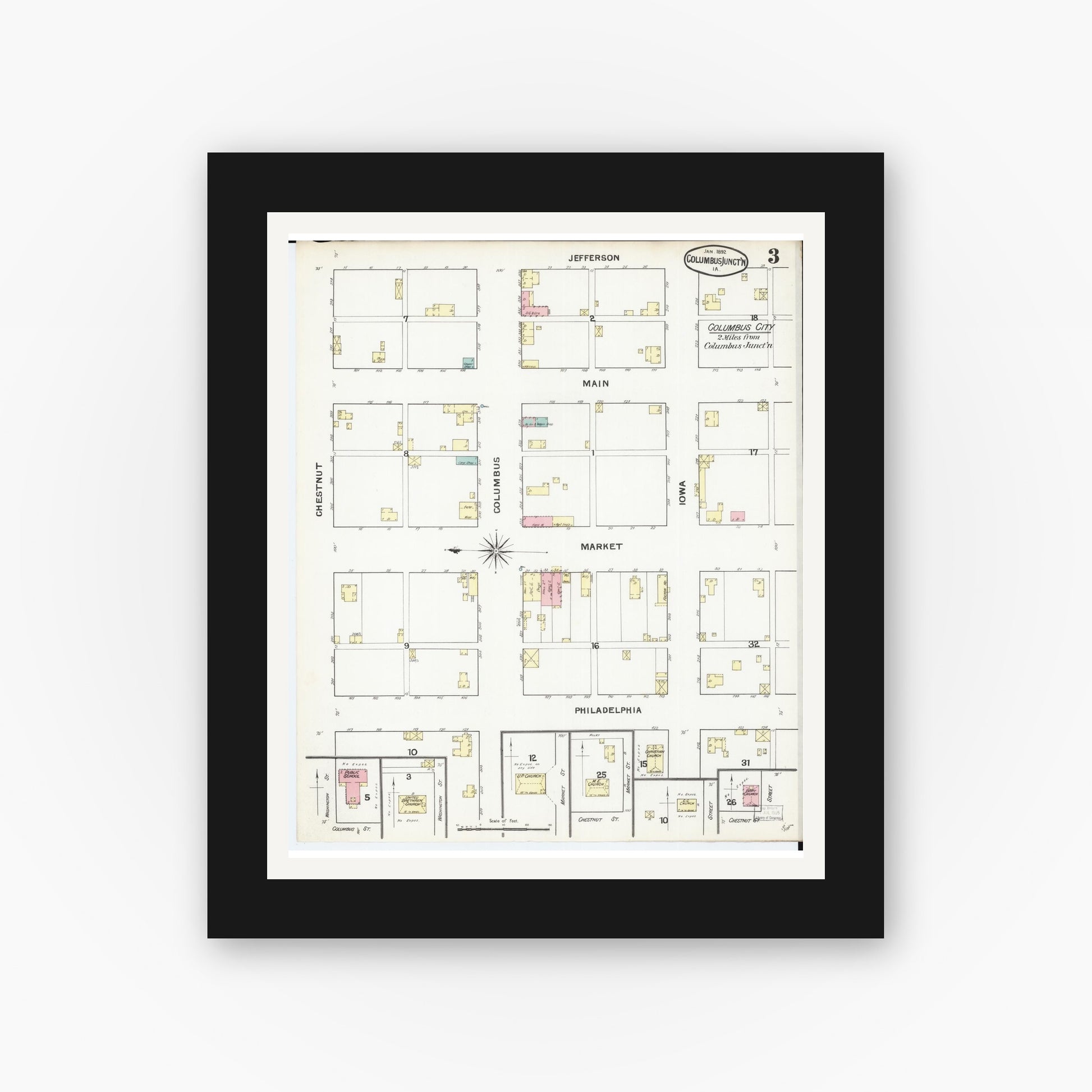 Old map wall art mockup — black gallery frame with white mat — Sanborn Fire Insurance Map from Columbus Junction, Louisa County, Iowa (1892), Sheet #0003