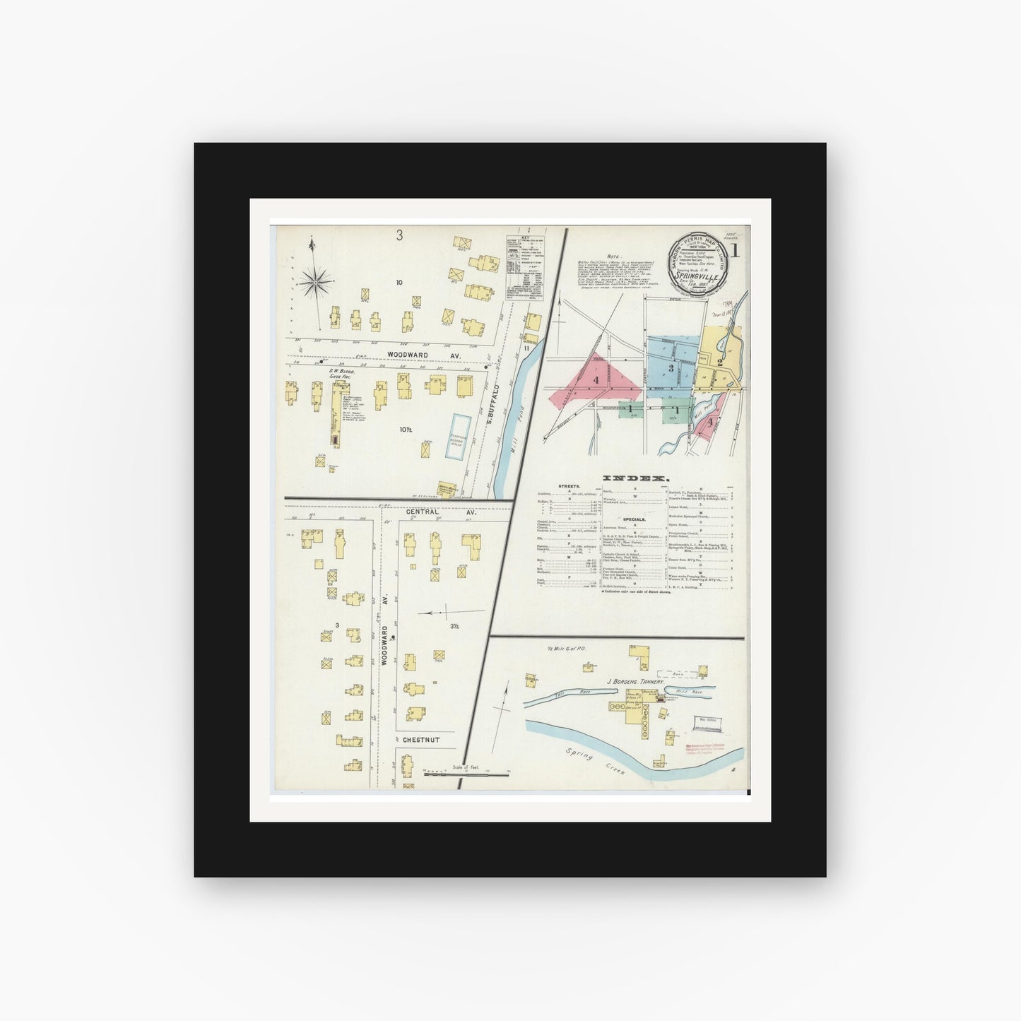 Old map wall art mockup — black gallery frame with white mat — Sanborn Fire Insurance Map from Springville, Erie County, New York (1897), Sheet #0001