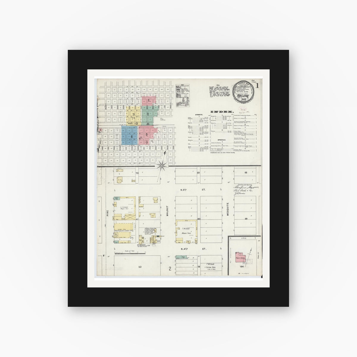 Old map wall art mockup — black gallery frame with white mat — Sanborn Fire Insurance Map from Abilene, Taylor County, Texas (1896) - Complete Map Set