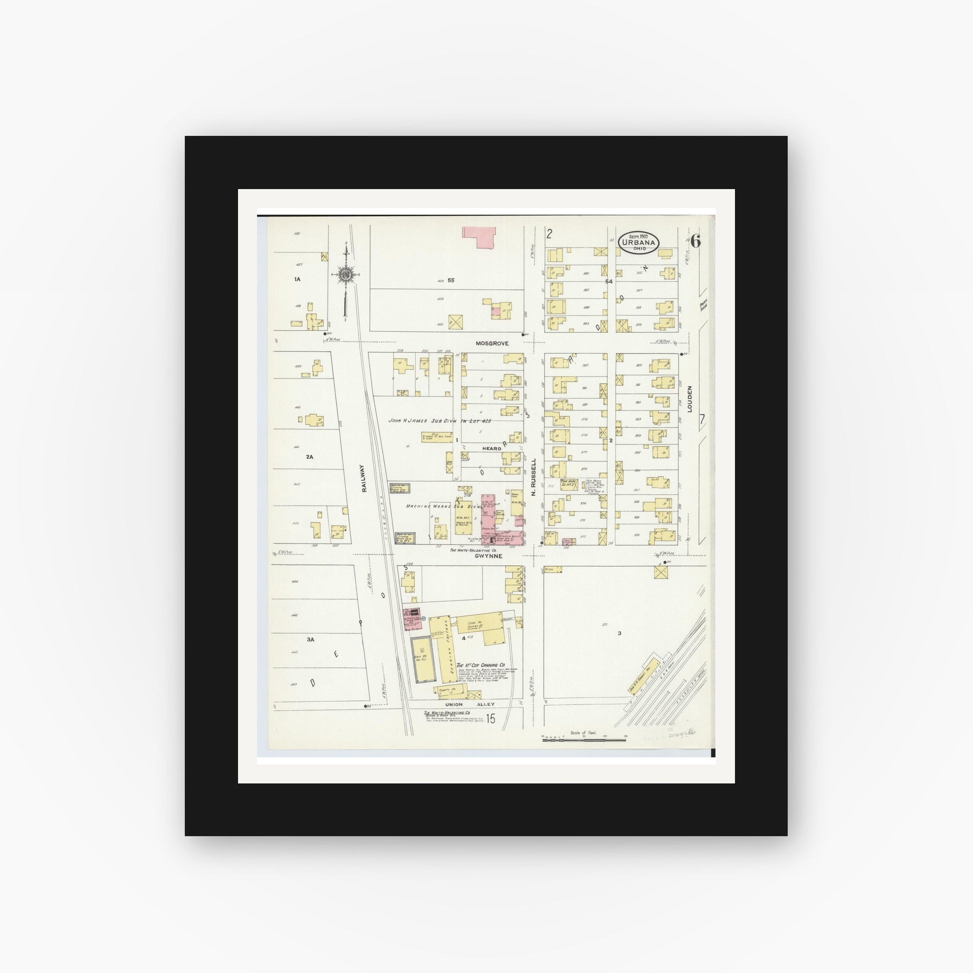 Old map wall art mockup — black gallery frame with white mat — Sanborn Fire Insurance Map from Urbana, Champaign County, Ohio (1910), Sheet #0006