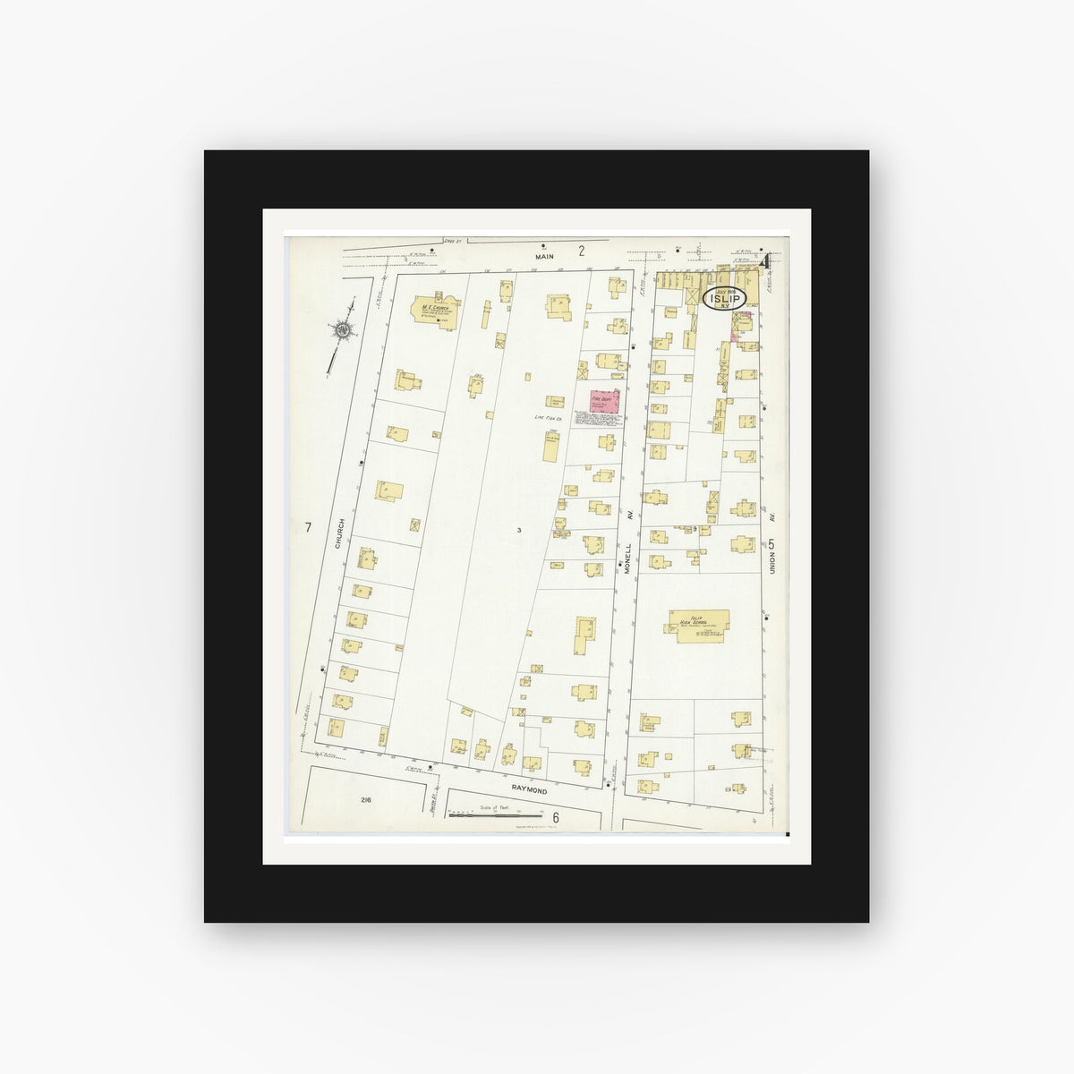 Old map wall art mockup — black gallery frame with white mat — Sanborn Fire Insurance Map from Islip, Suffolk County, New York (1916), Sheet #0004