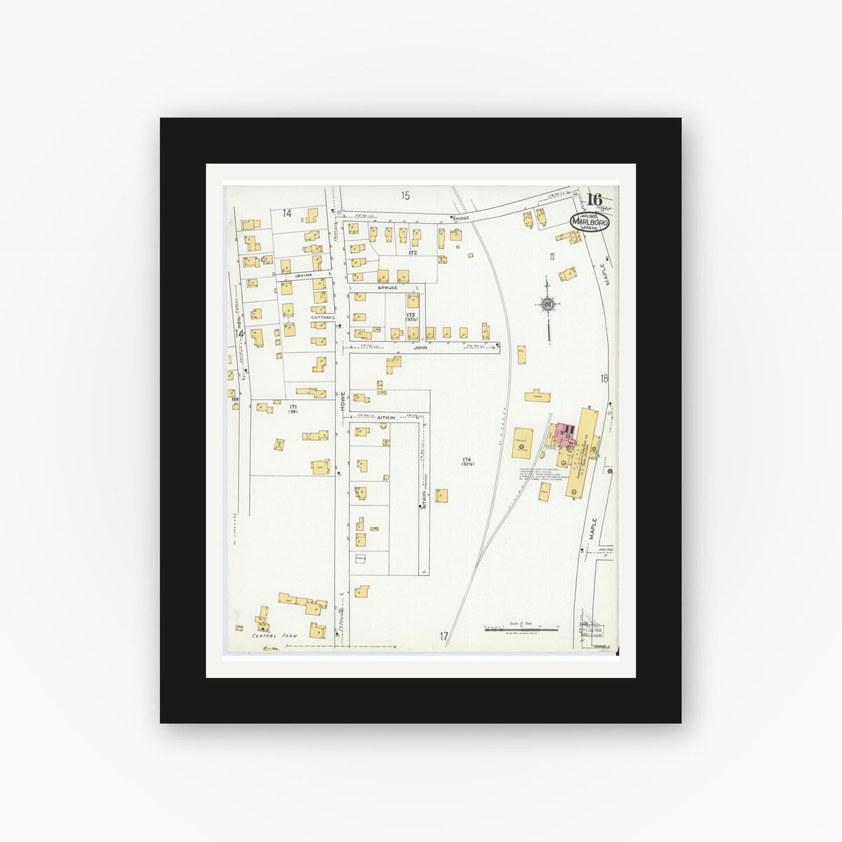 Old map wall art mockup — black gallery frame with white mat — Sanborn Fire Insurance Map from Marlborough, Middlesex County, Massachusetts (1920), Sheet #0016