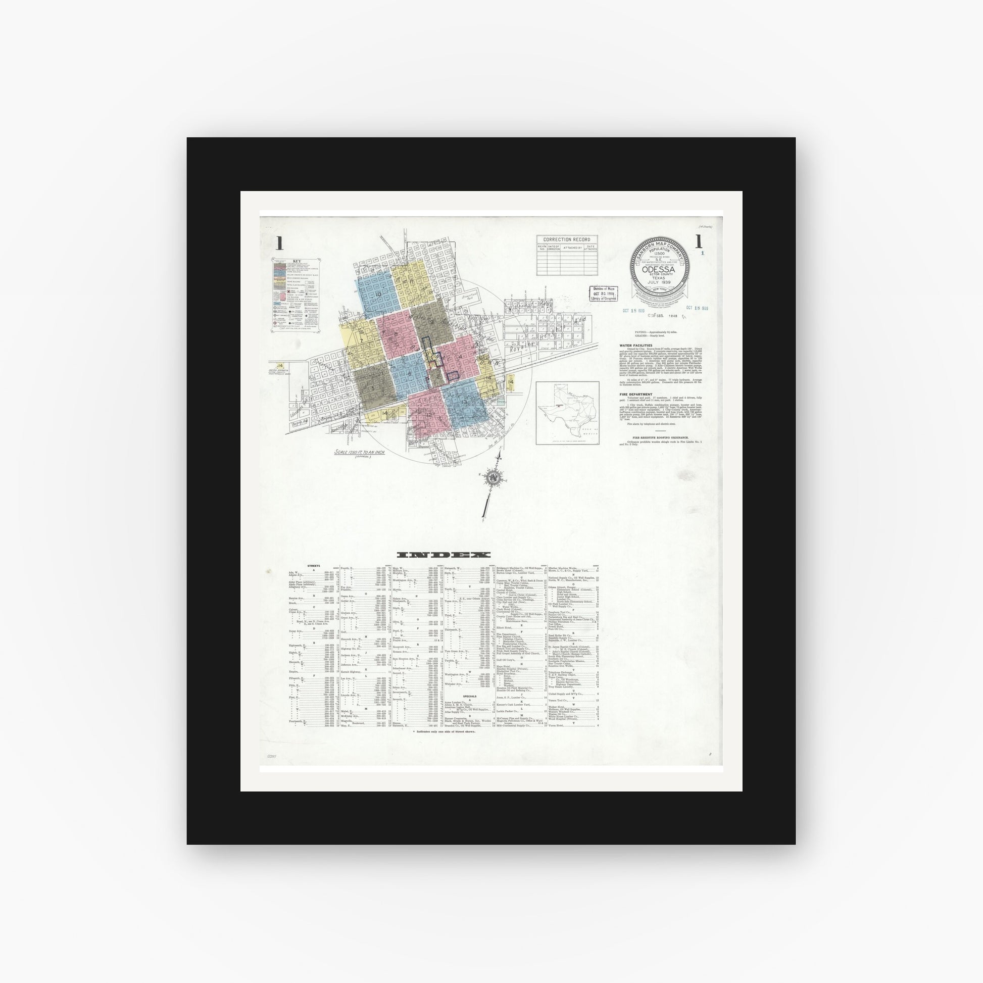 Old map wall art mockup — black gallery frame with white mat — Sanborn Fire Insurance Map from Odessa, Edger County, Texas (1939), Sheet #0001