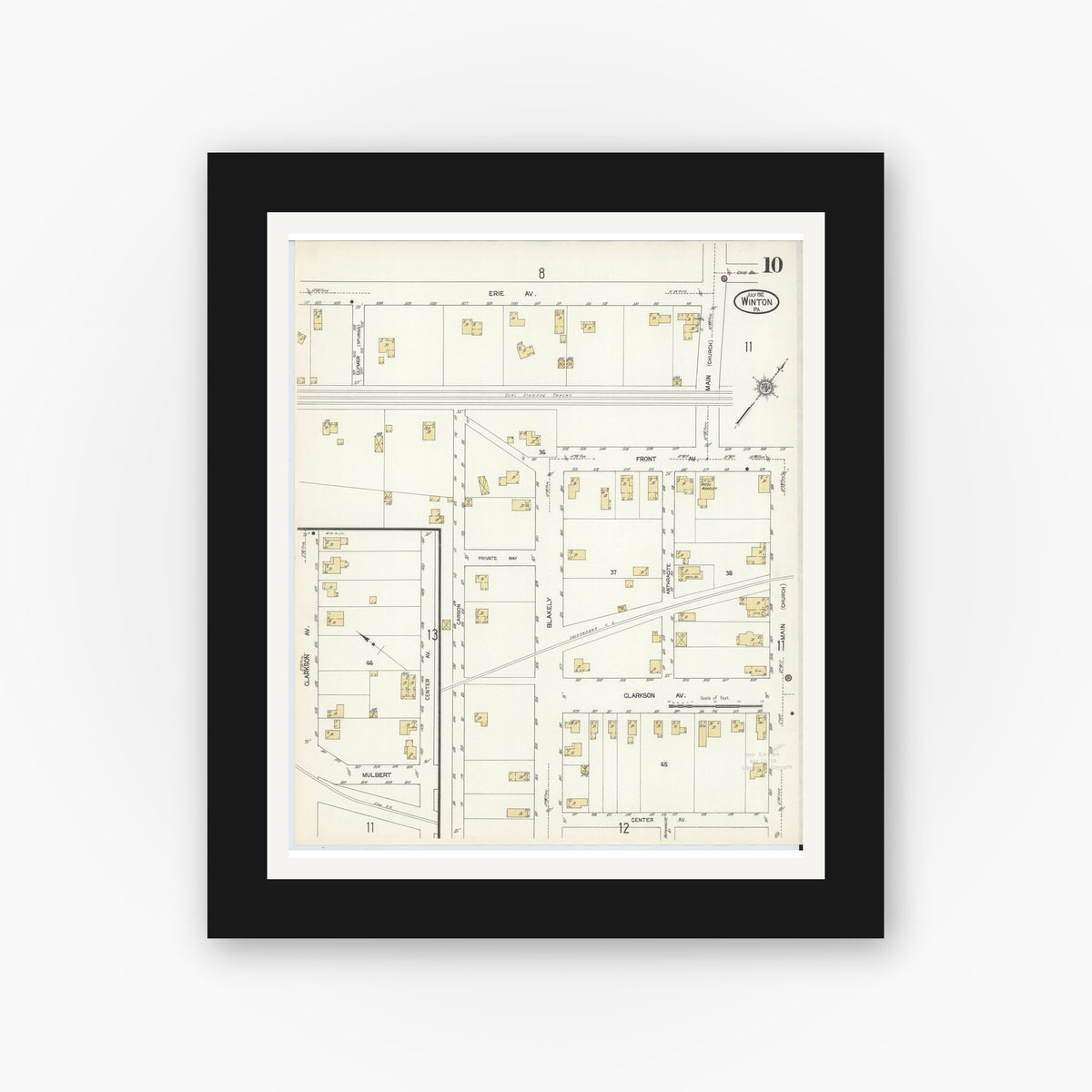 Old map wall art mockup — black gallery frame with white mat — Sanborn Fire Insurance Map from Winton, Lackawanna County, Pennsylvania (1912), Sheet #0010