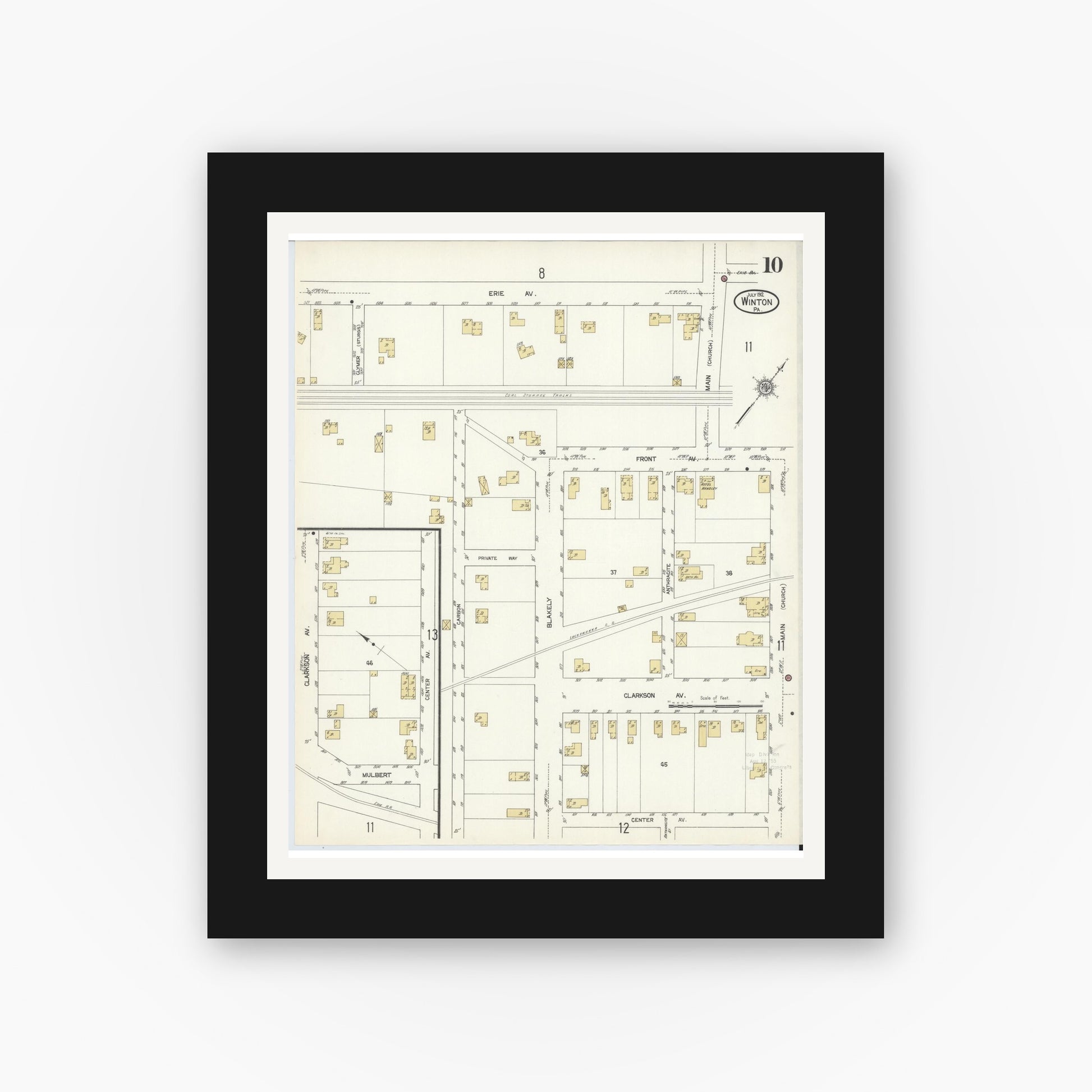 Old map wall art mockup — black gallery frame with white mat — Sanborn Fire Insurance Map from Winton, Lackawanna County, Pennsylvania (1912), Sheet #0010