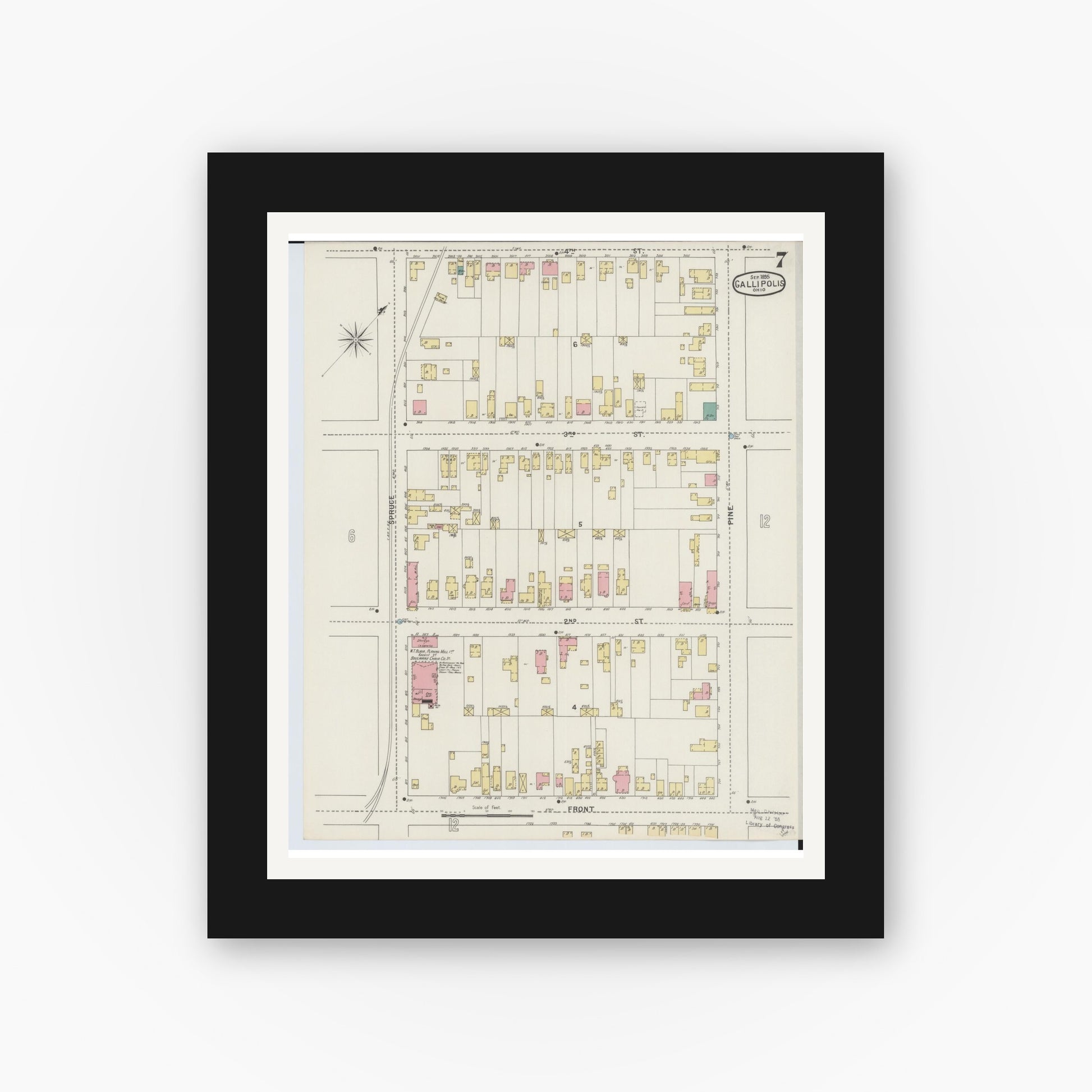 Old map wall art mockup — black gallery frame with white mat — Sanborn Fire Insurance Map from Gallipolis, Gallia County, Ohio (1895), Sheet #0007
