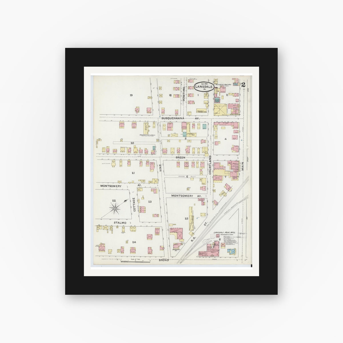 Old map wall art mockup — black gallery frame with white mat — Sanborn Fire Insurance Map from Lansdale, Montgomery County, Pennsylvania (1891), Sheet #0002
