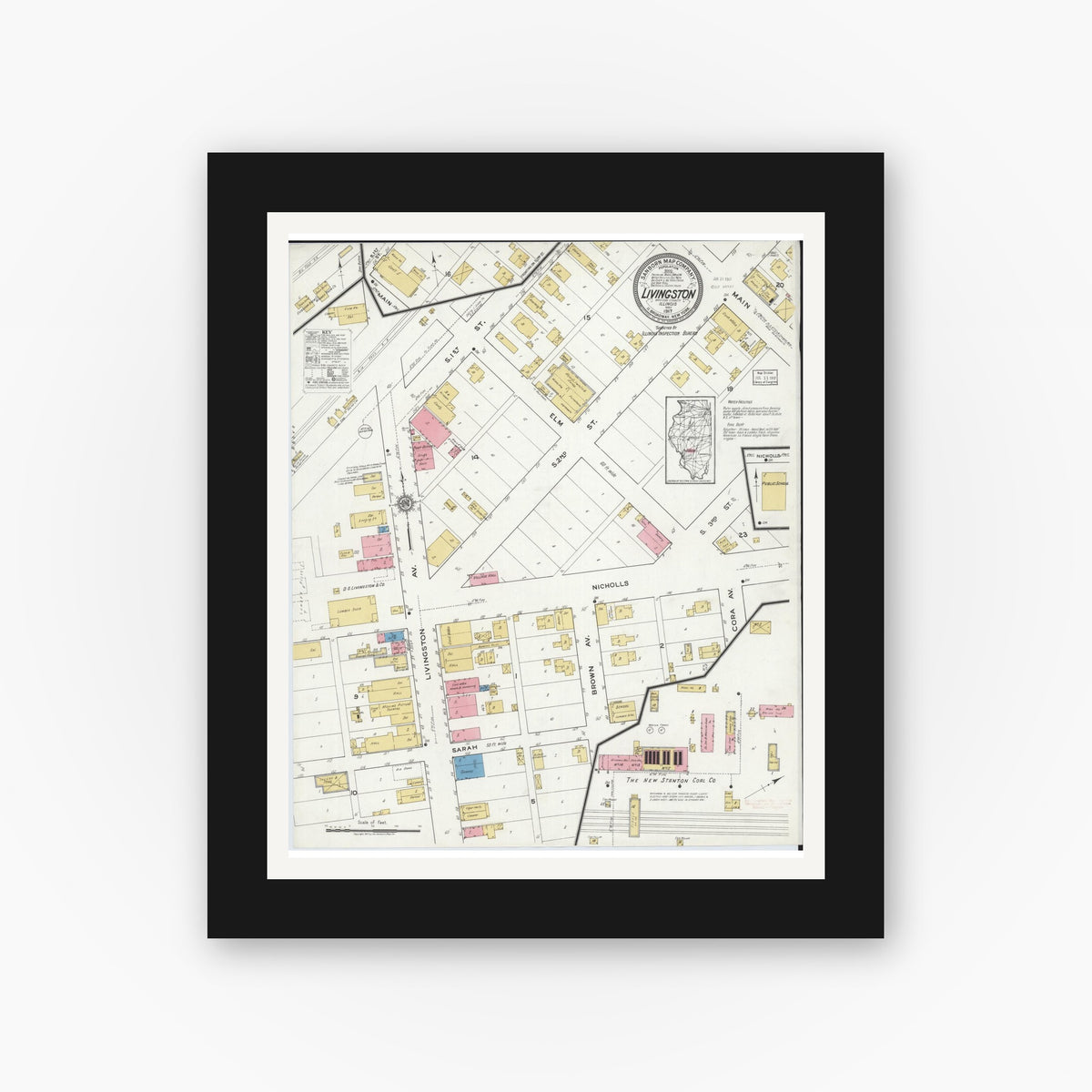 Old map wall art mockup — black gallery frame with white mat — Sanborn Fire Insurance Map from Livingston, Madison County, Illinois (1917), Sheet #0001