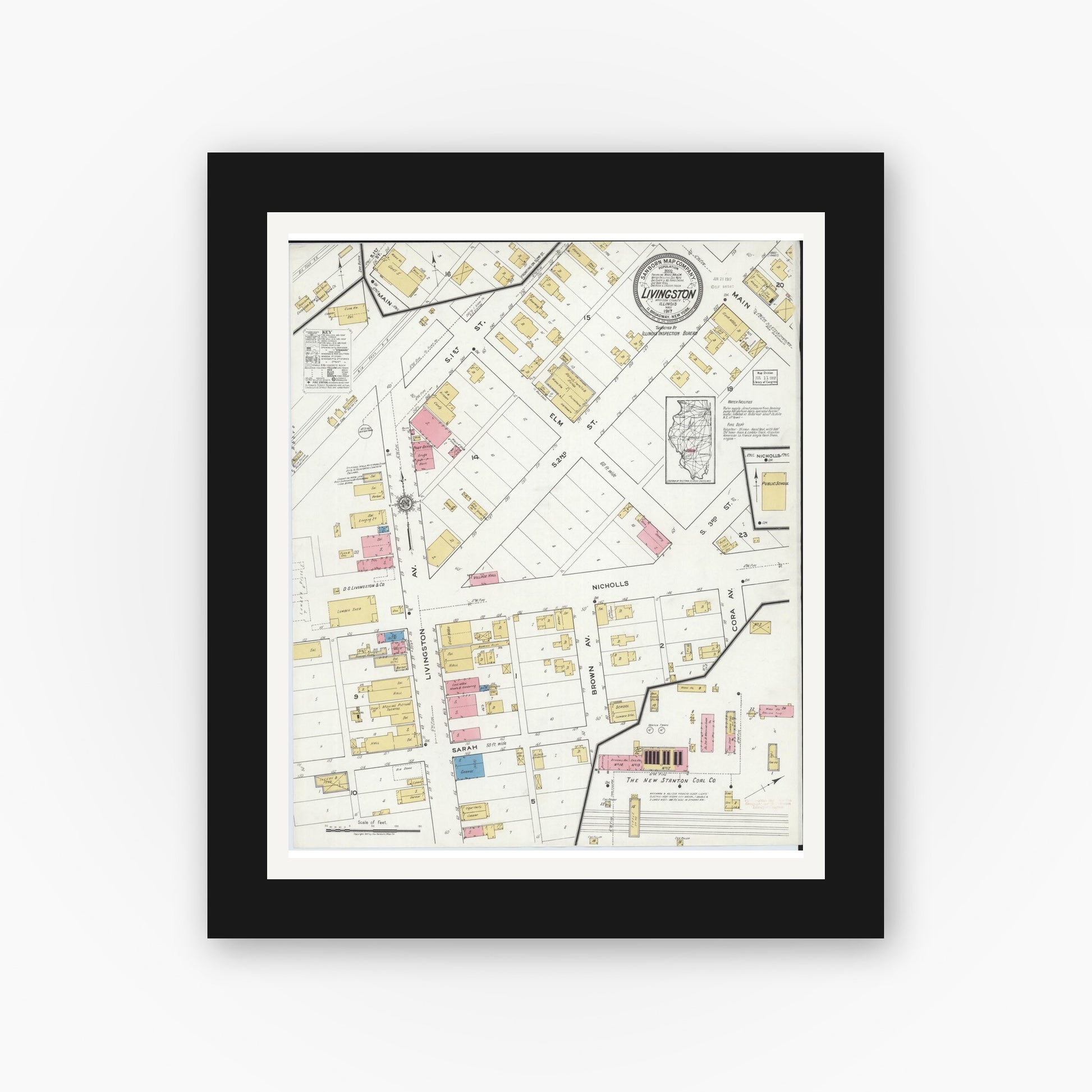 Old map wall art mockup — black gallery frame with white mat — Sanborn Fire Insurance Map from Livingston, Madison County, Illinois (1917), Sheet #0001