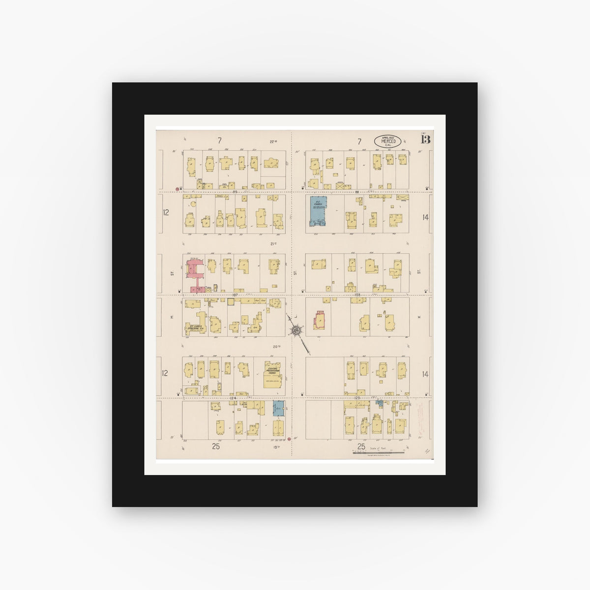Old map wall art mockup — black gallery frame with white mat — Sanborn Fire Insurance Map from Merced, Merced County, California (1922), Sheet #0013