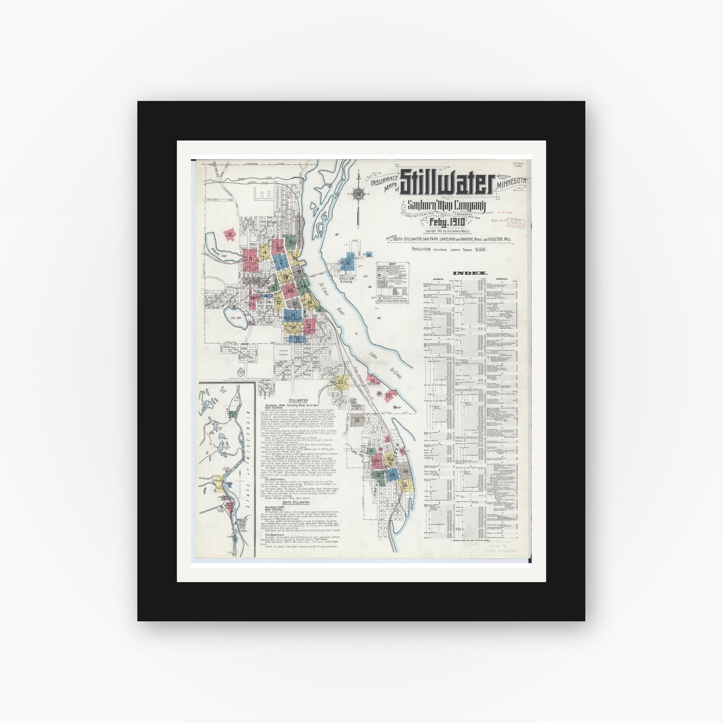 Old map wall art mockup — black gallery frame with white mat — Sanborn Fire Insurance Map from Stillwater, Washington County, Minnesota (1910), Sheet #0001