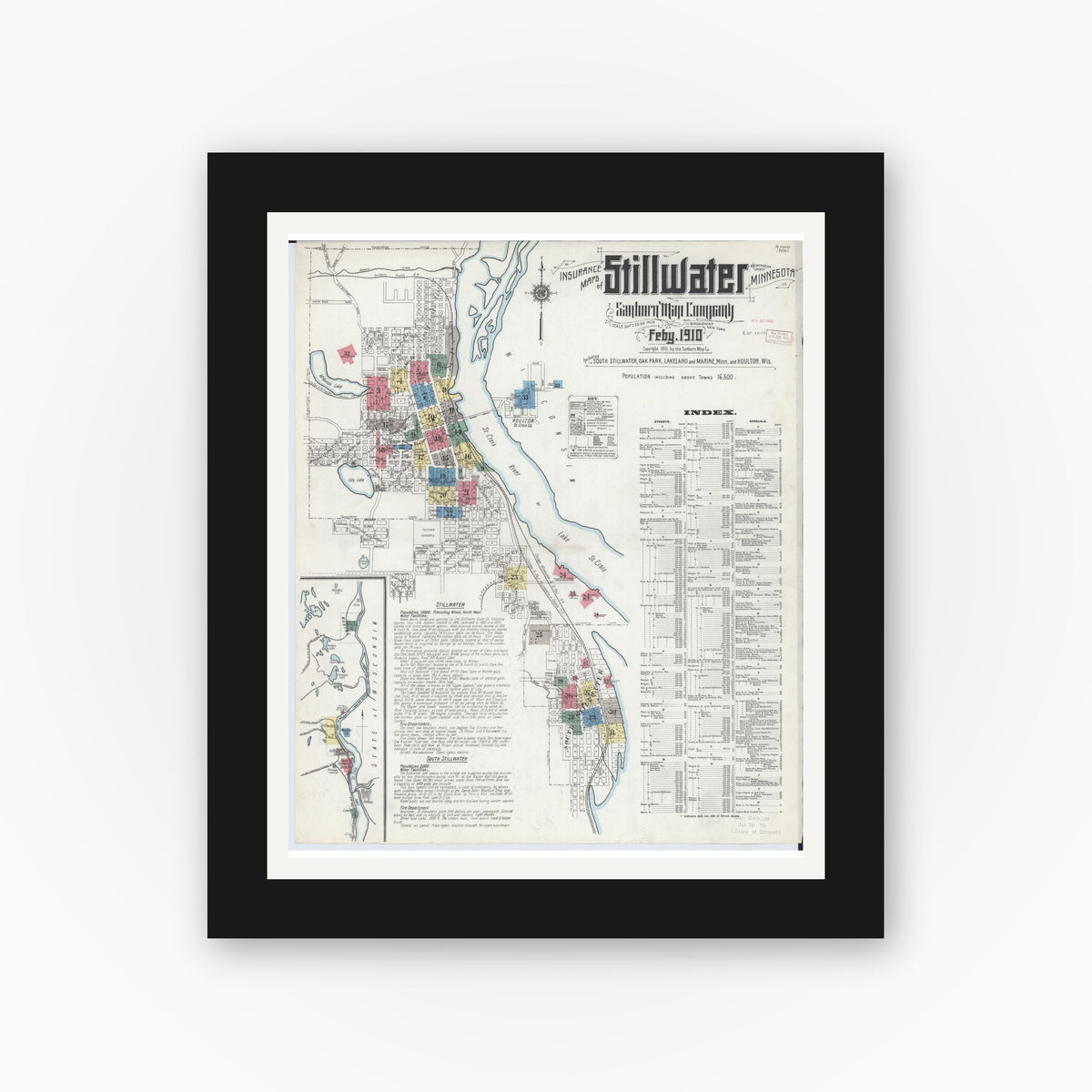 Old map wall art mockup — black gallery frame with white mat — Sanborn Fire Insurance Map from Stillwater, Washington County, Minnesota (1910), Sheet #0001