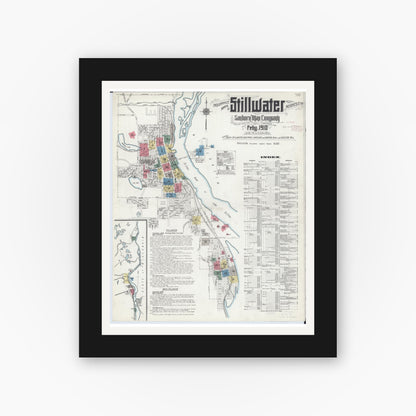 Old map wall art mockup — black gallery frame with white mat — Sanborn Fire Insurance Map from Stillwater, Washington County, Minnesota (1910), Sheet #0001