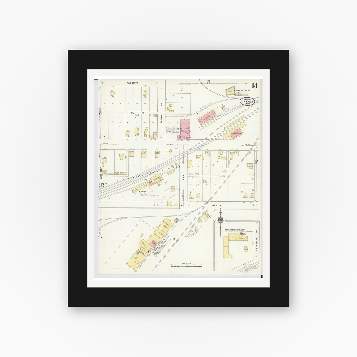 Old map wall art mockup — black gallery frame with white mat — Sanborn Fire Insurance Map from Urbana, Champaign County, Ohio (1910), Sheet #0014