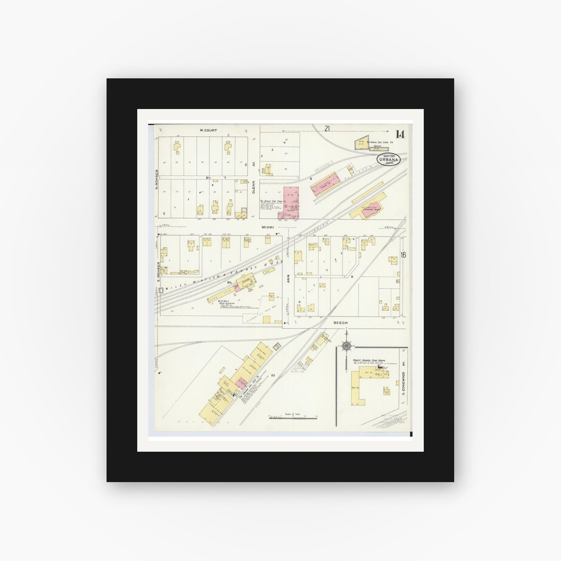 Old map wall art mockup — black gallery frame with white mat — Sanborn Fire Insurance Map from Urbana, Champaign County, Ohio (1910), Sheet #0014