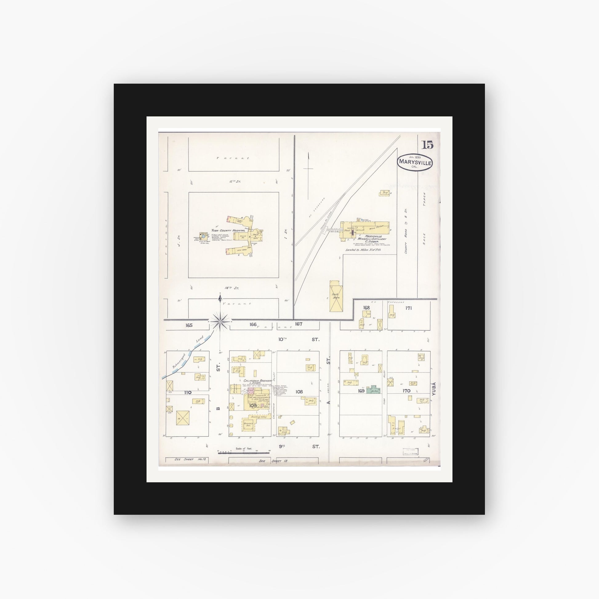 Old map wall art mockup — black gallery frame with white mat — Sanborn Fire Insurance Map from Marysville, Yuba County, California (1890), Sheet #0015