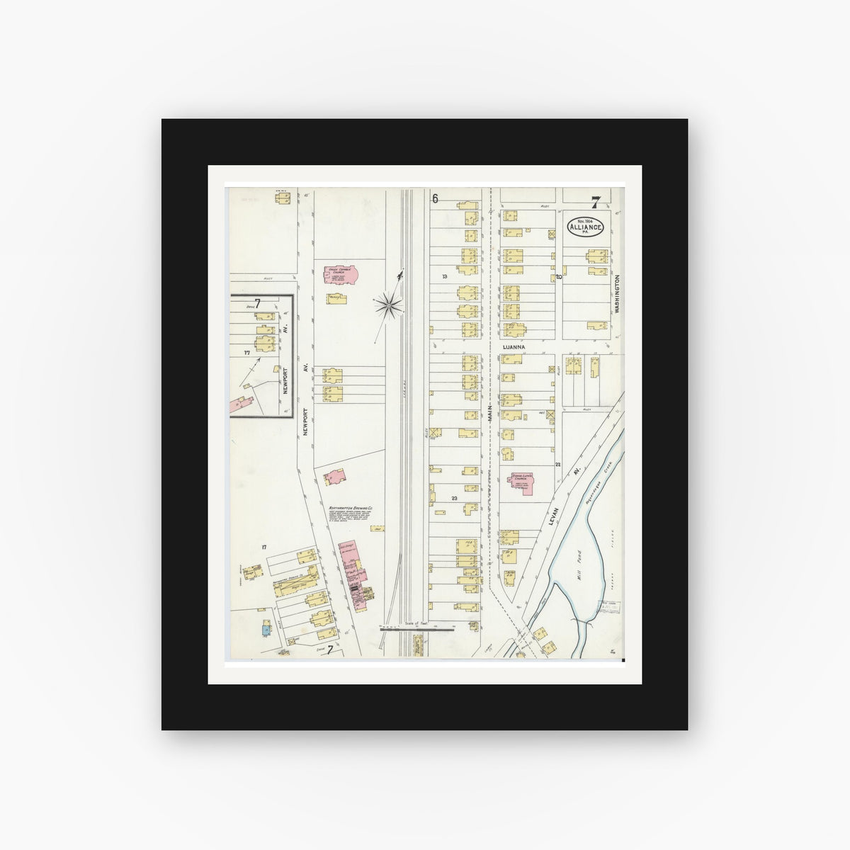 Old map wall art mockup — black gallery frame with white mat — Sanborn Fire Insurance Map from Alliance, Northampton County, Pennsylvania (1904), Sheet #0007
