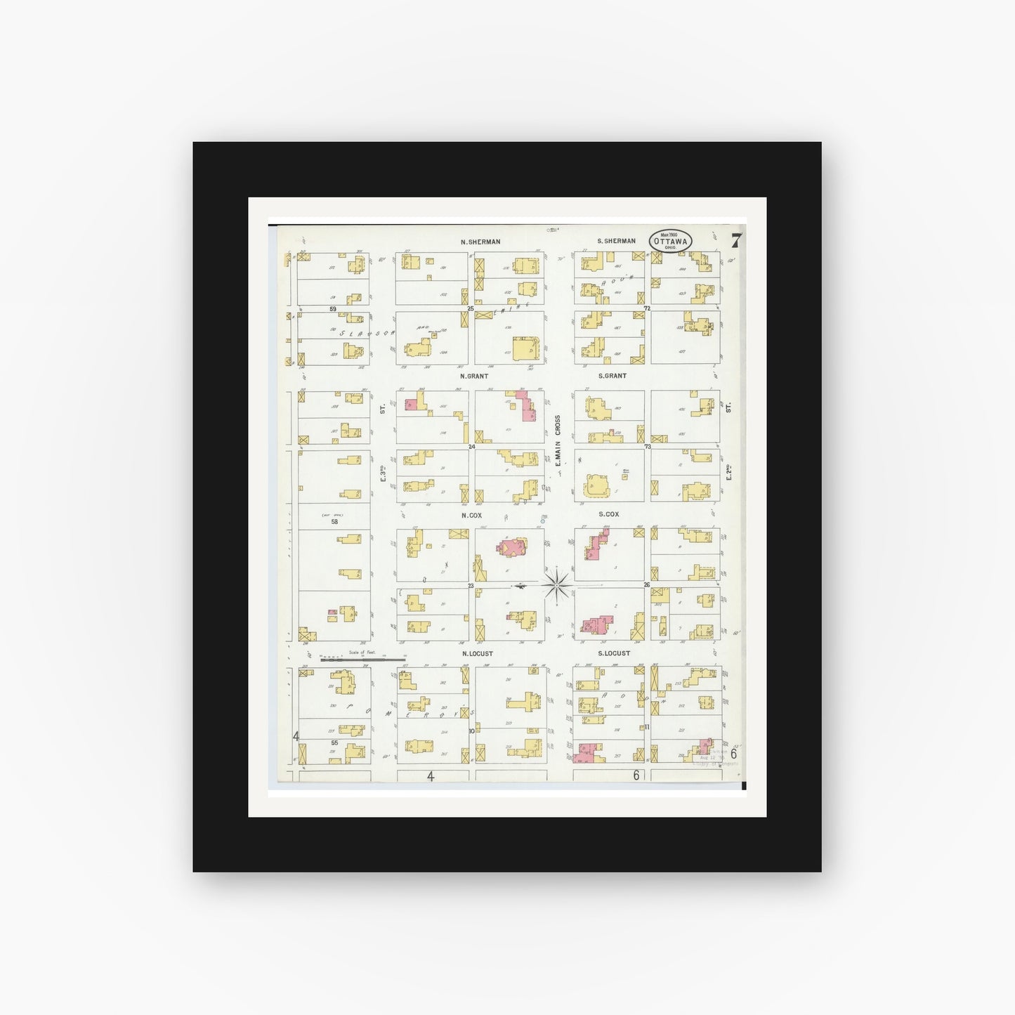 Old map wall art mockup — black gallery frame with white mat — Sanborn Fire Insurance Map from Ottawa, Putnam County, Ohio (1900), Sheet #0007