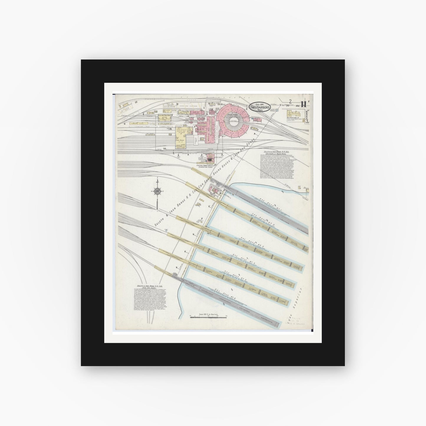 Old map wall art mockup — black gallery frame with white mat — Sanborn Fire Insurance Map from Two Harbors, Lake County, Minnesota (1914), Sheet #0011