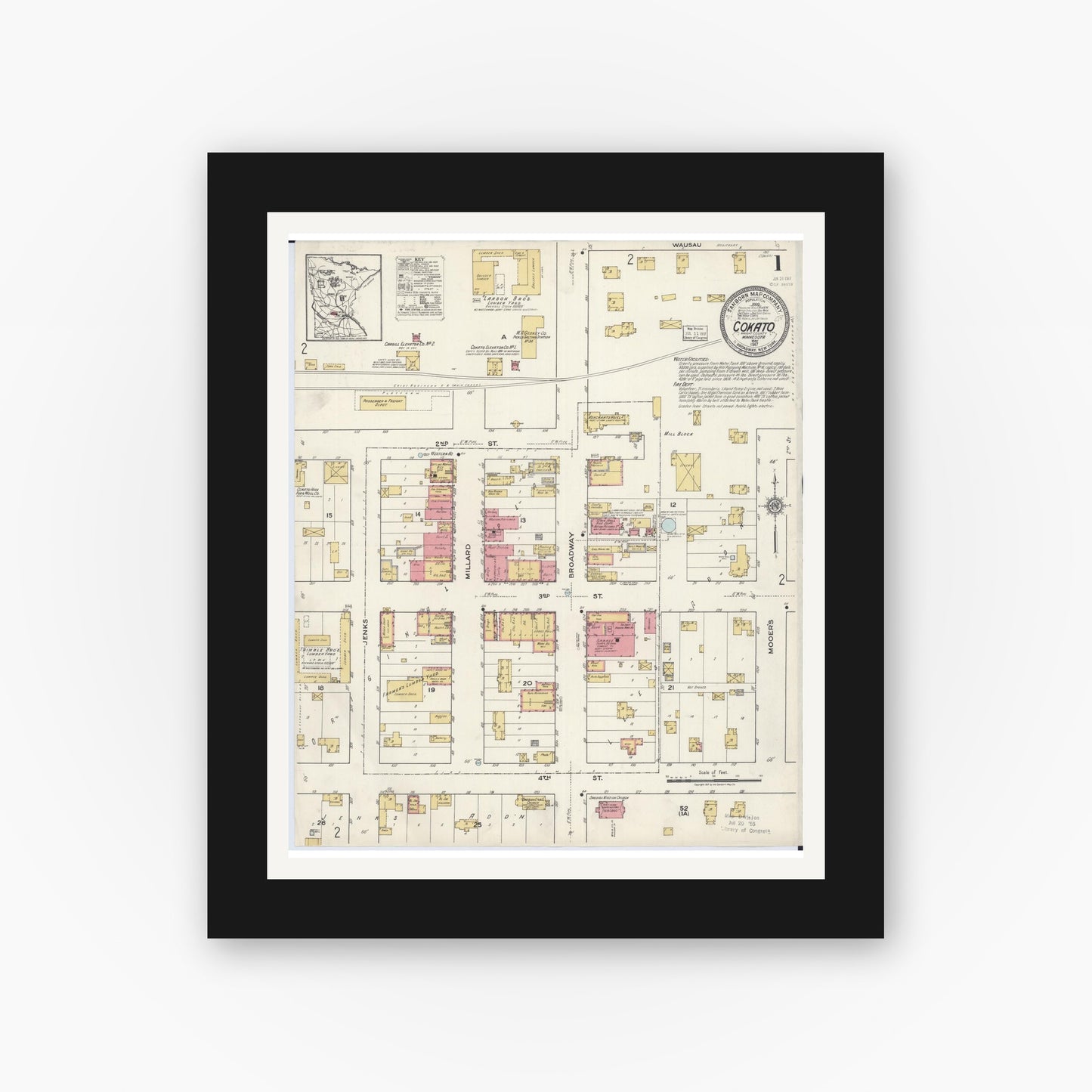 Old map wall art mockup — black gallery frame with white mat — Sanborn Fire Insurance Map from Cokato, Wright County, Minnesota (1917) - Complete Map Set
