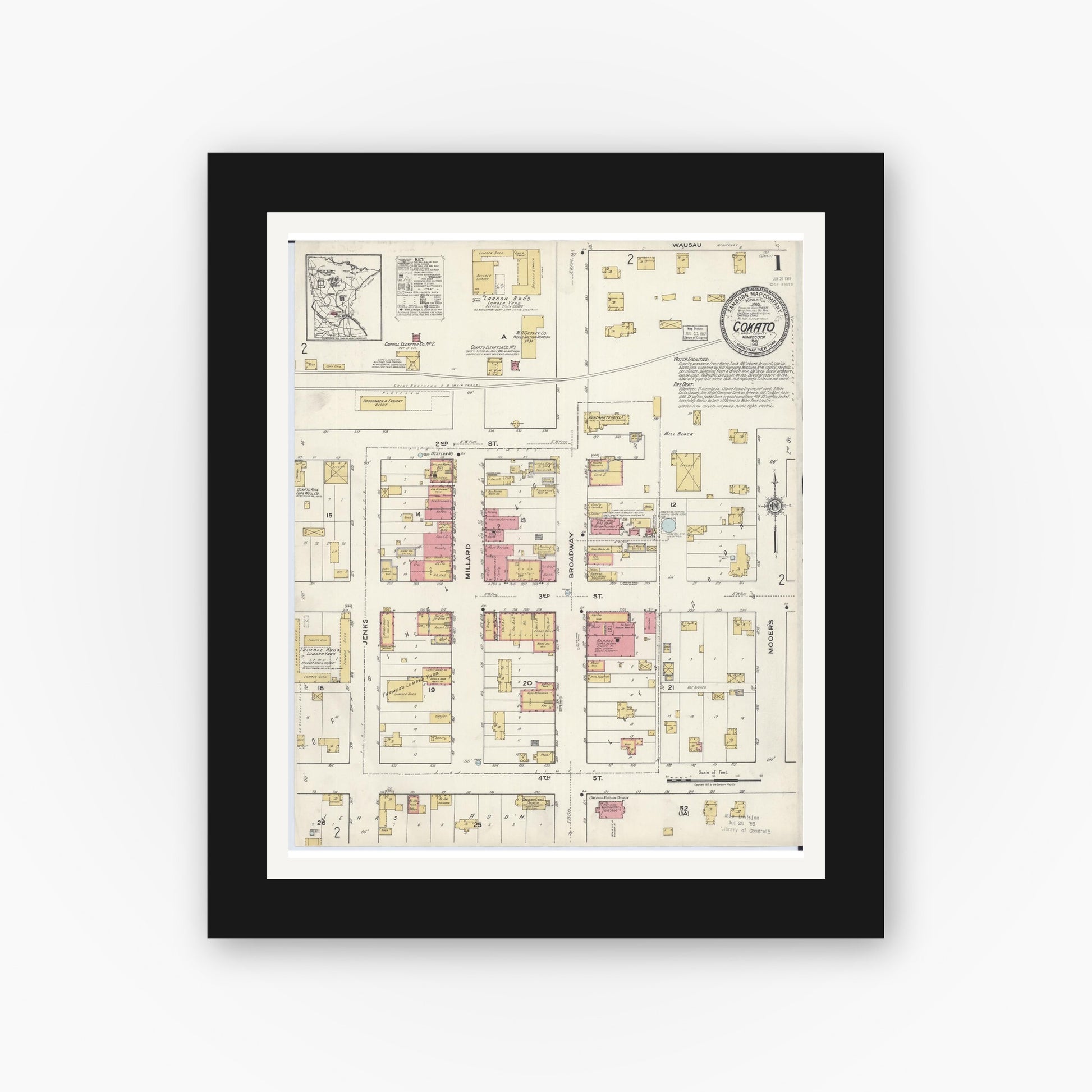 Old map wall art mockup — black gallery frame with white mat — Sanborn Fire Insurance Map from Cokato, Wright County, Minnesota (1917) - Complete Map Set