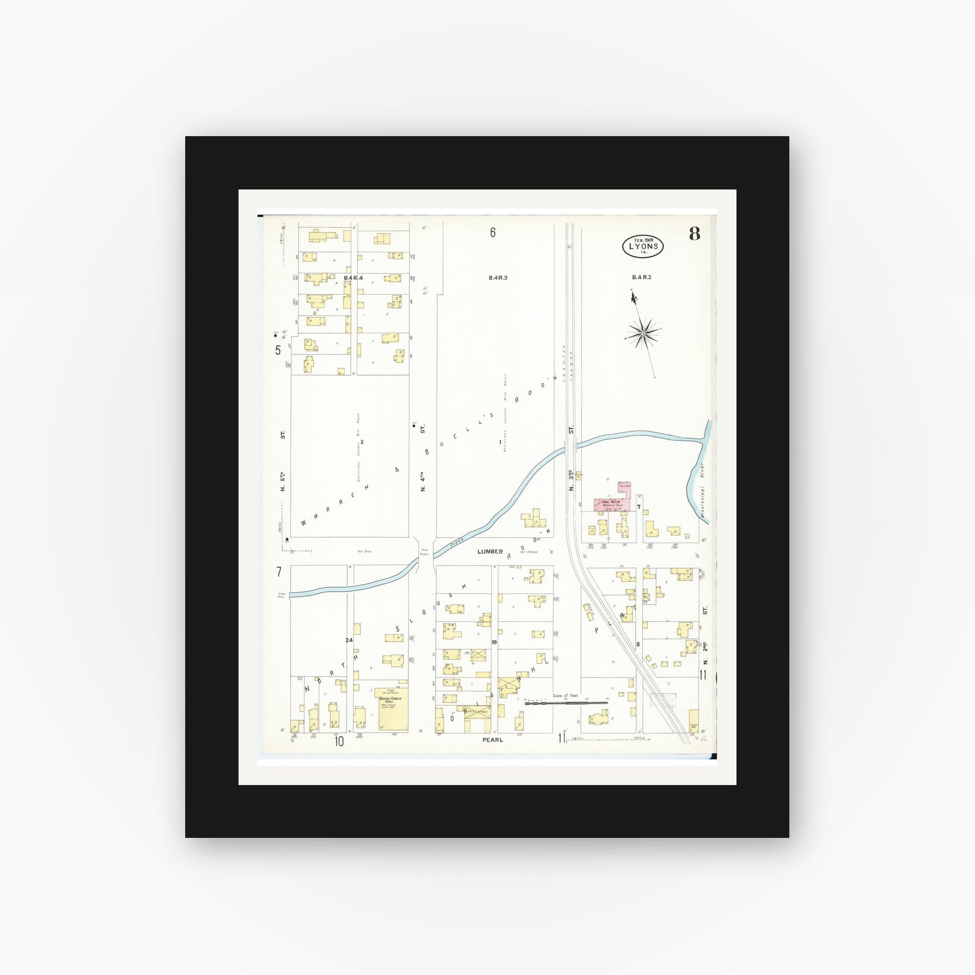 Old map wall art mockup — black gallery frame with white mat — Sanborn Fire Insurance Map from Lyons, Clinton County, Iowa (1909), Sheet #0008