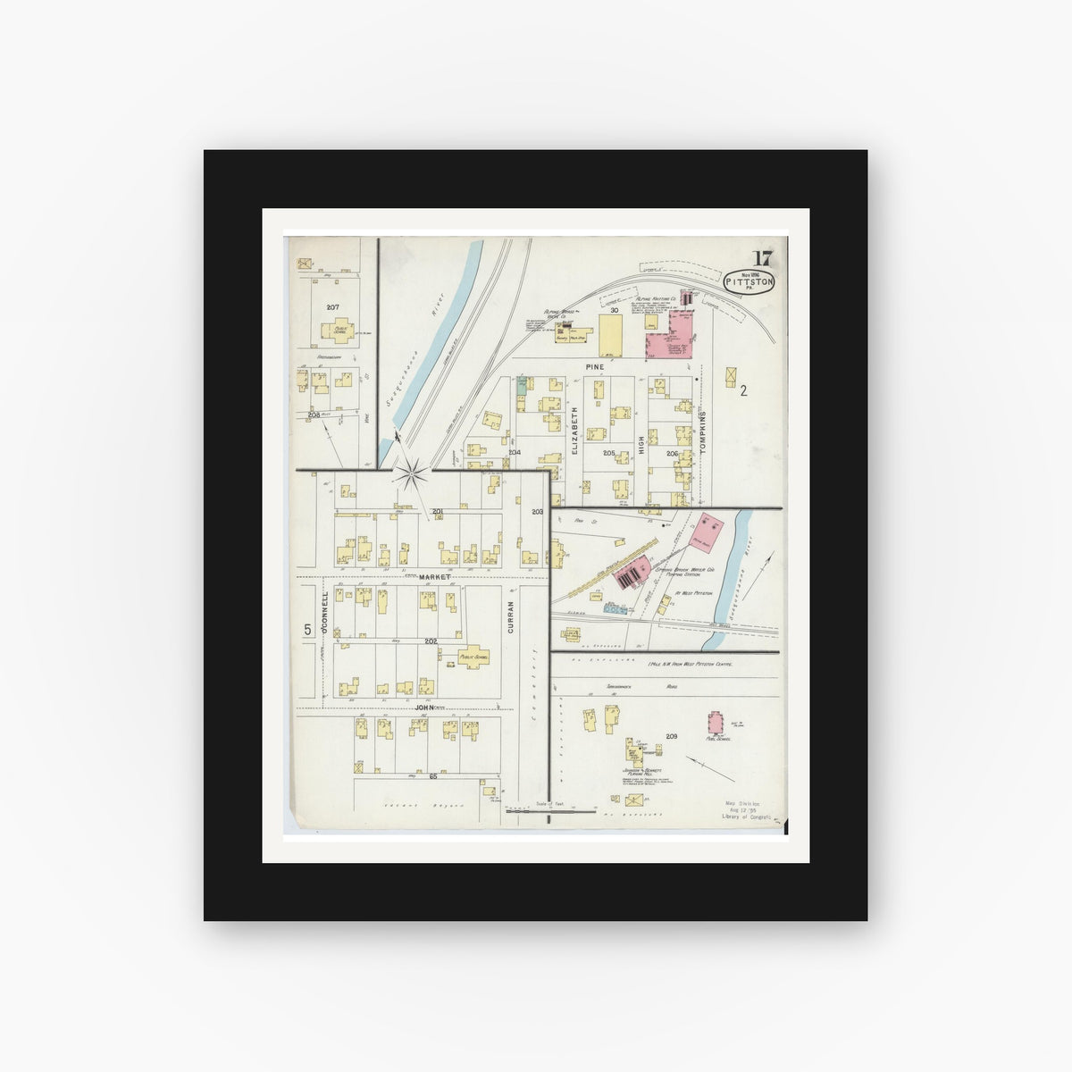 Old map wall art mockup — black gallery frame with white mat — Sanborn Fire Insurance Map from Pittston, Luzerne County, Pennsylvania (1896), Sheet #0017